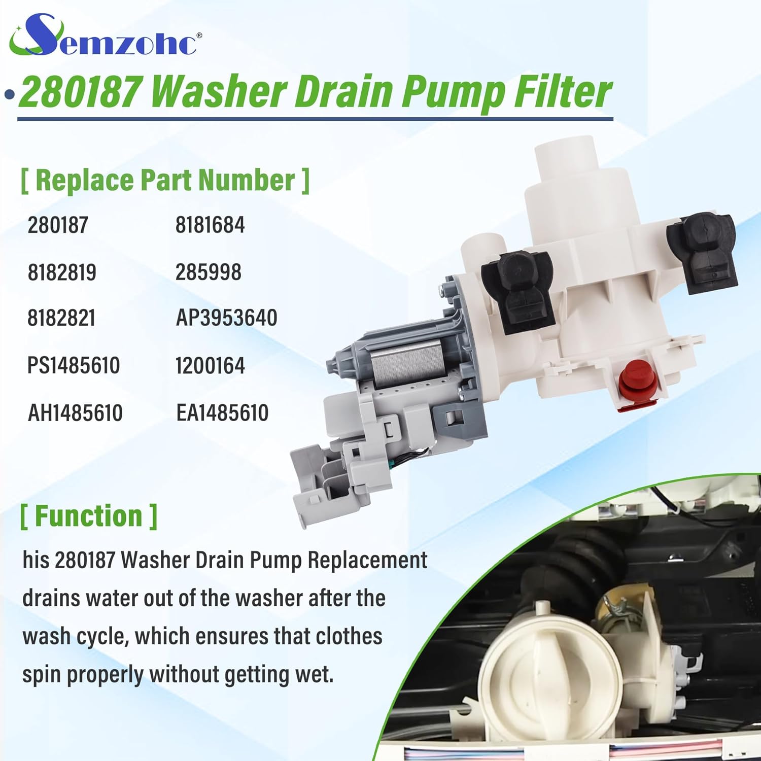 1200164 Clothes Washer Front Load Drain Pump Compatible with whirl-pool Duet Washer ghw9250mw1 ghw9150pw1 ghw9150pw4 ghw9200lw ghw9300pw4 ghw9400pw1 ghw9400pw4