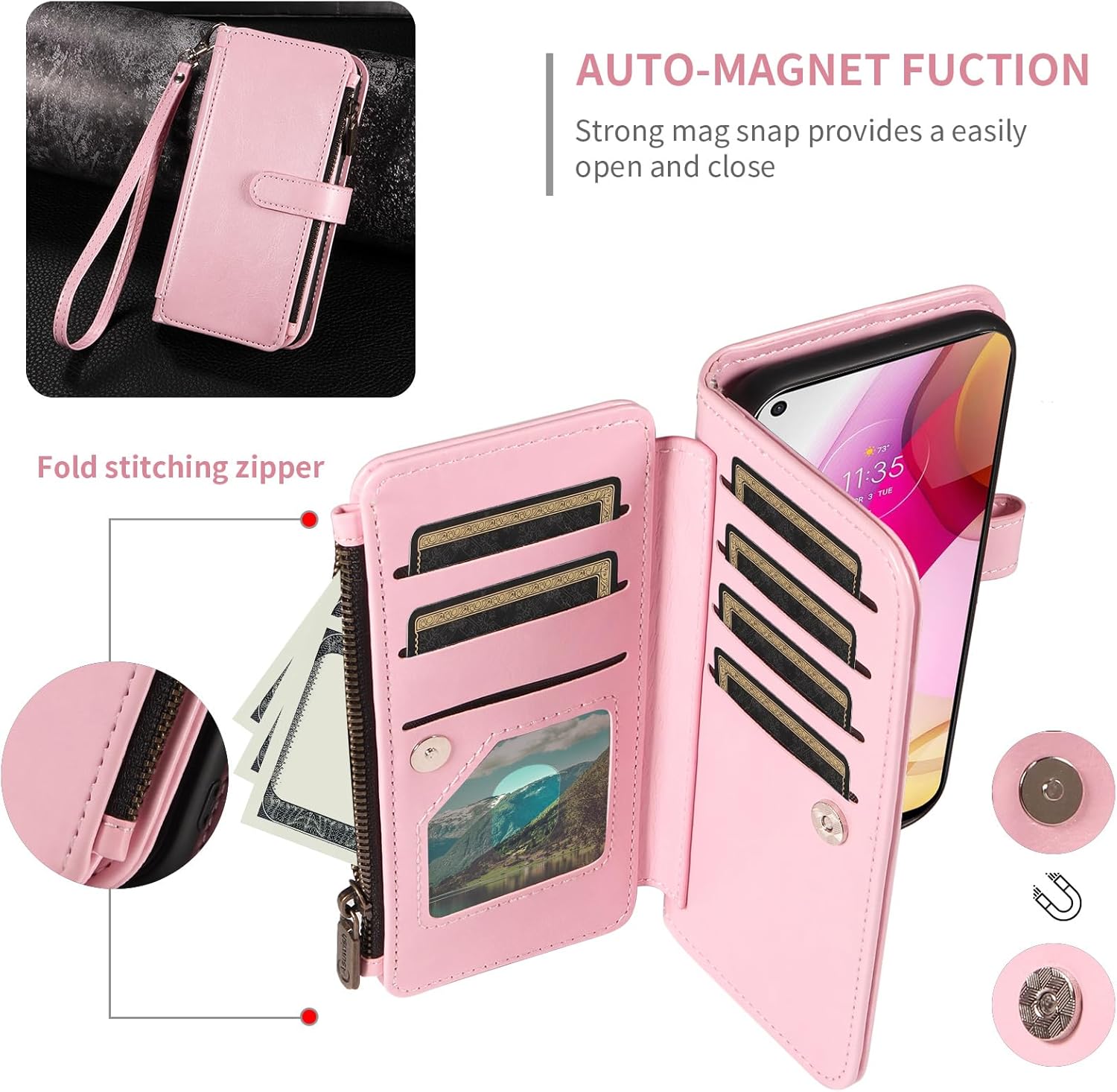 Asuwish Phone Case for Moto G Stylus 5G 2021 Cover with Tempered Glass Screen Protector and Lanyard Zipper Wallet Card Holder Slot Stand Cell Accessories Motorola GStylus G5 XT2131DL Women Men Pink