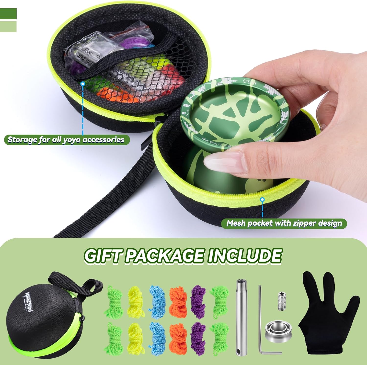 MAGICYOYO V10 Finger Spin Yoyo Professional Metal Trick Yoyo Responsive & Unresponsive Dual Purpose Yo Yo with Storage Case + Yo Yo Glove +12 Strings(Dark & Light Green)