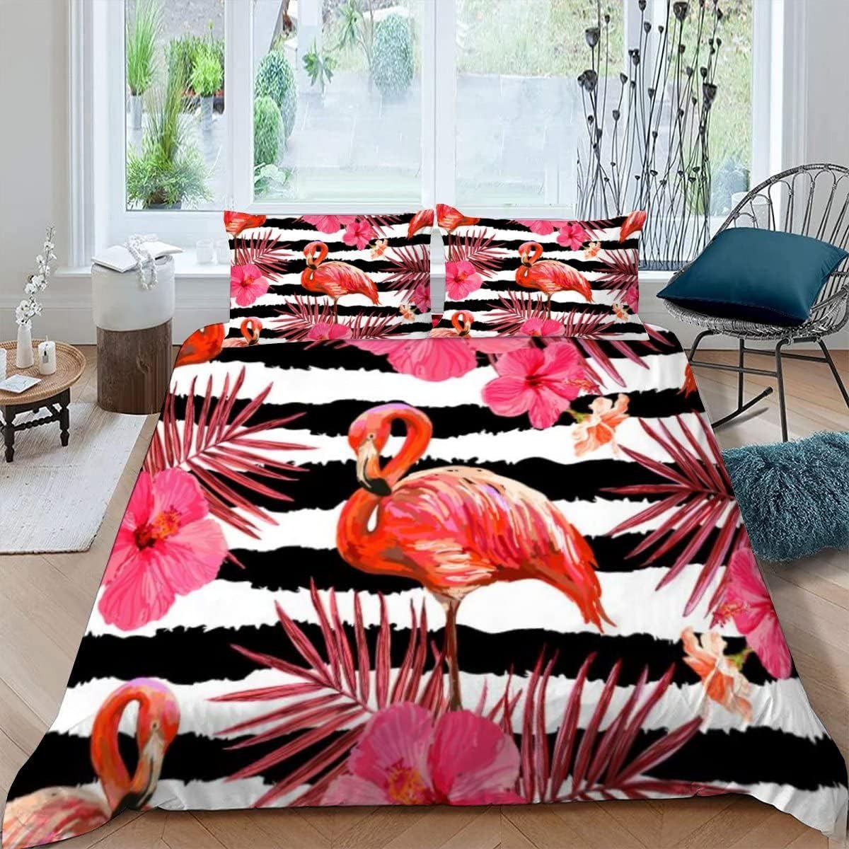 Housse de couette flamant 200x200 cm avec 2 taies d'oreiller en microfibre pour lit double