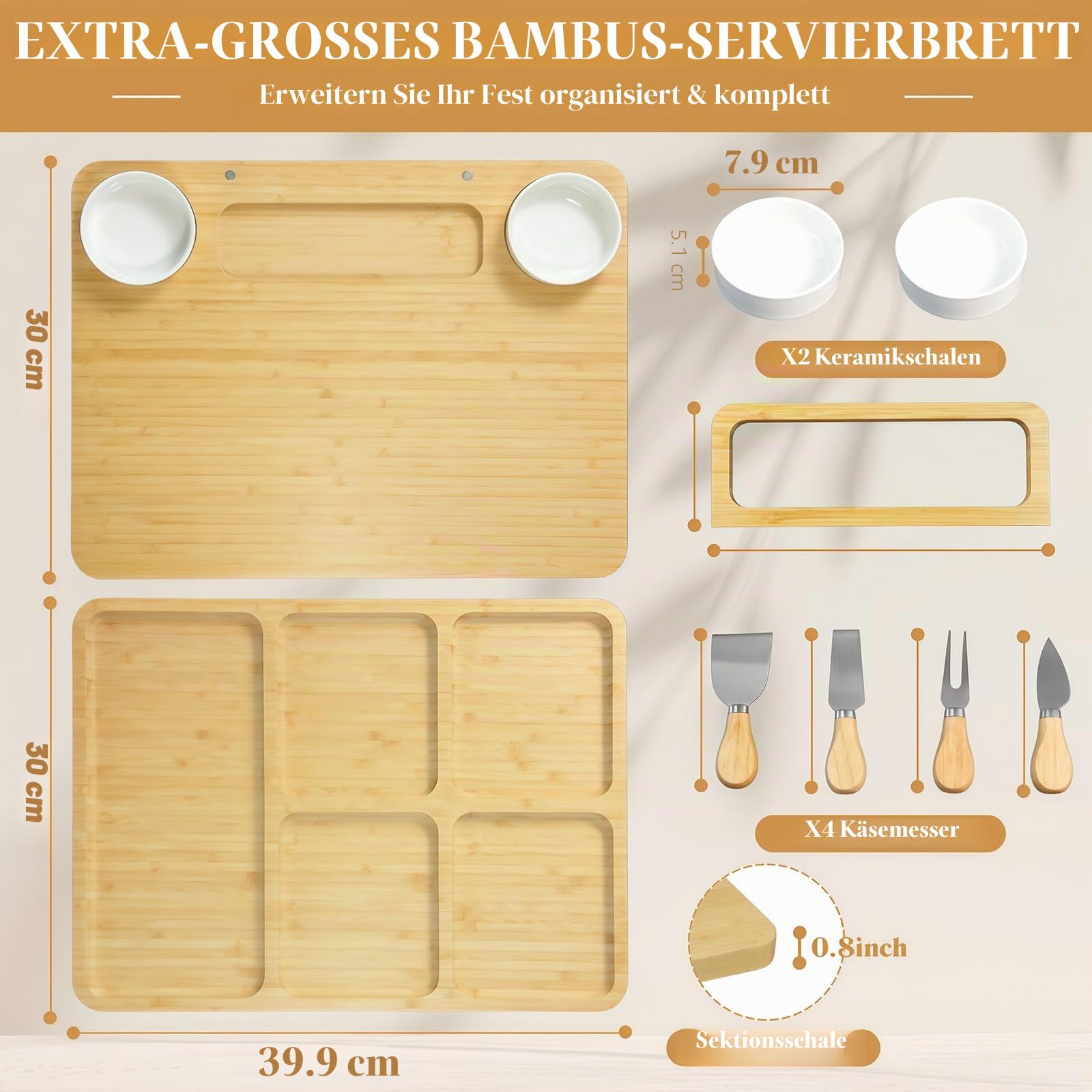 Bambus Charcuterie Board Set 40x30x2 cm Käsebrett mit Messern