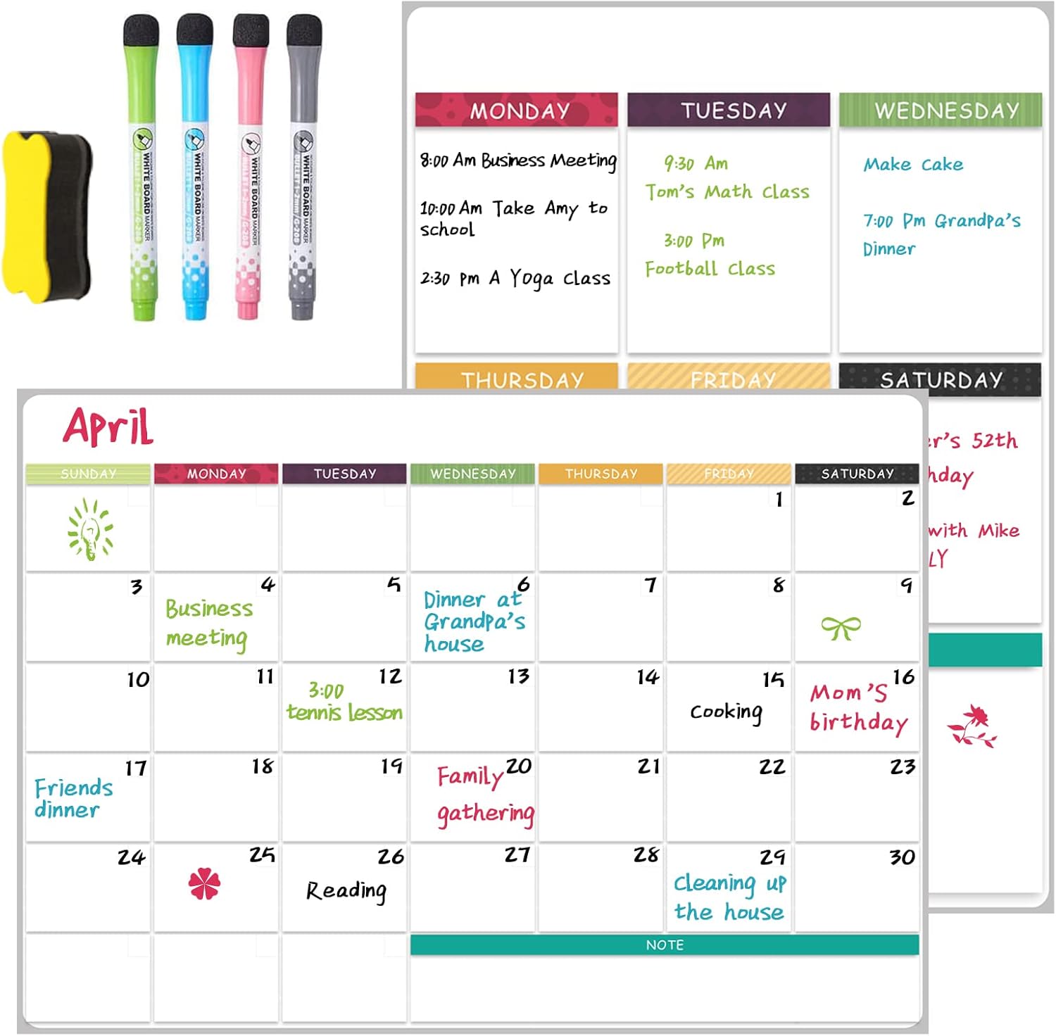 JaoNanl Juego de gráficos magnéticos de borrado en seco para nevera, calendario mensual, pizarra blanca de menú semanal, 4 marcadores y un borrador, tabla de horarios reutilizable para oficina, cocina