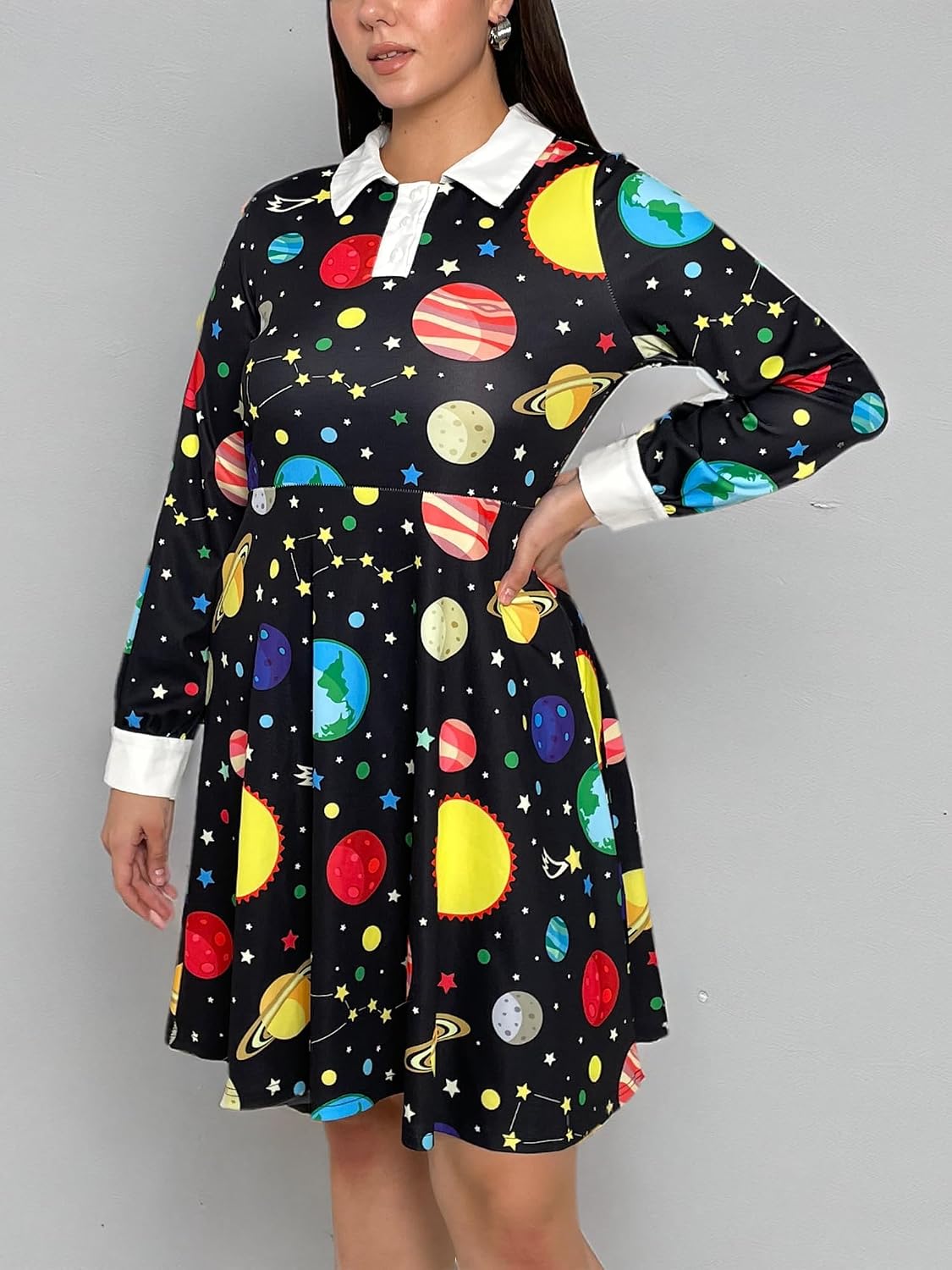 Womens Long Sleeves Peter Pan Collar Aline Fit and Flare Dress