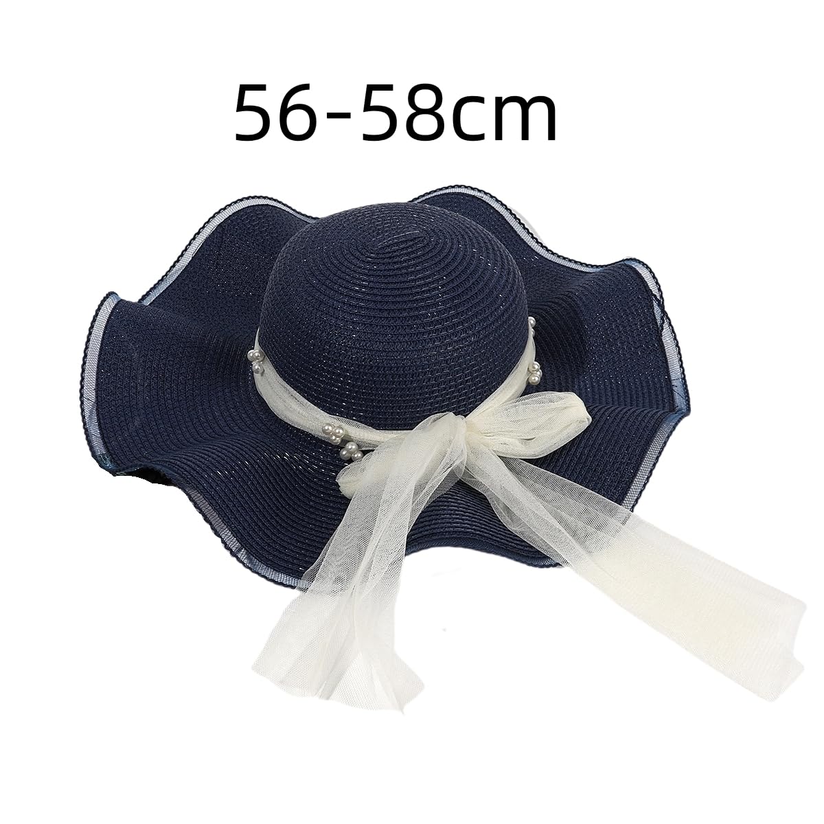 Sombrero de Paja Transpirable de ala Ancha con Volantes,Sombrero de Verano para Mujer con Protección UV,Tejido de Paja y Lazo de Tul Perlado,Sombrero de Playa para Vacaciones,Viajes y Actividades Al