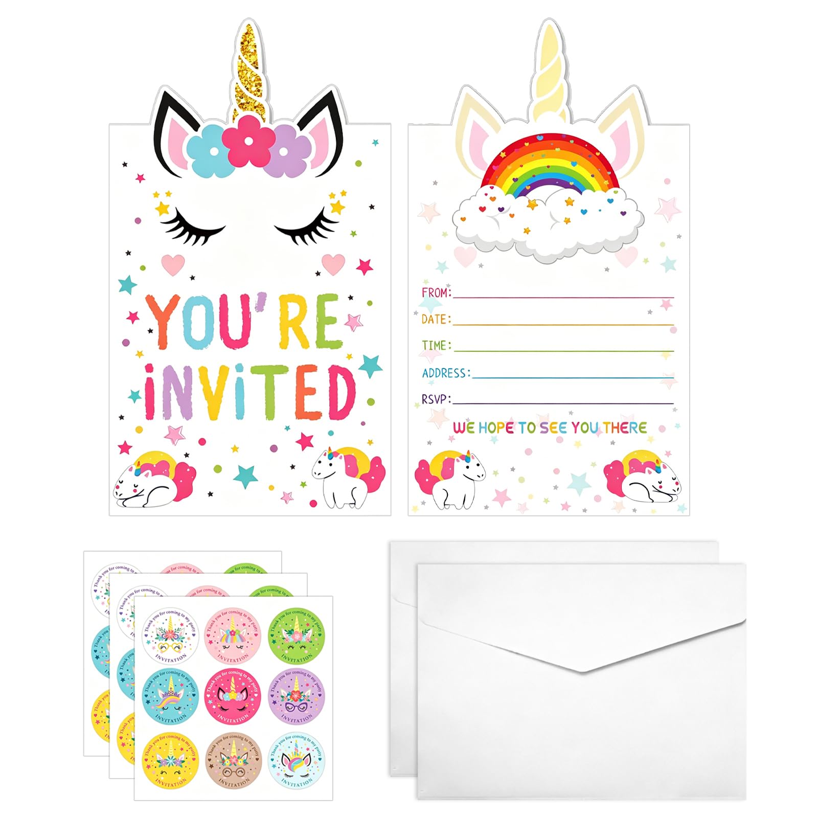 IHCEMIH Unicorn Party Invitations, 24pcs Girls Birthday Invites with Envelopes Stickers Kids Invitation Cards Rainbow Unicorn Theme Birthday Party Celebration Supplies for Children UK