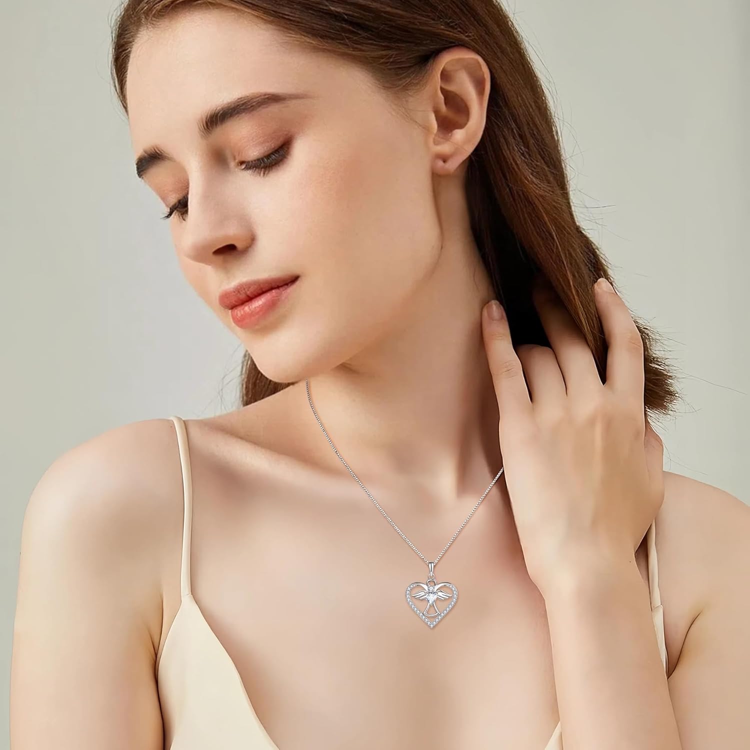 FJ Guardian Angel Necklace 925 Sterling Silver Heart Angel Wings Pendant Birthstone Jewelry for Women - Image 2