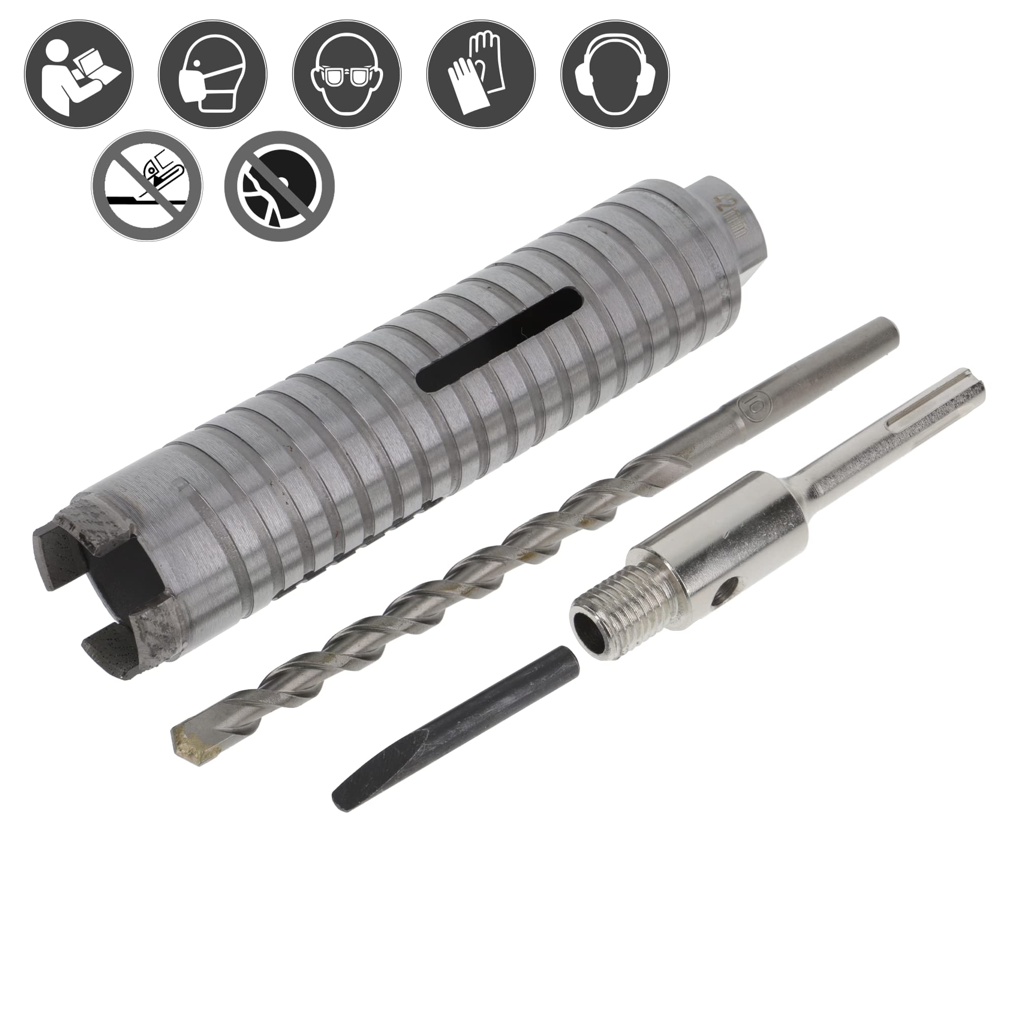 PRODIAMANT Diamentowa wiertnica rdzeniowa ø 42 mm długość efektywna 150 mm z adapterem SDS do młotowiertarki, segmenty spawane laserowo do wiercenia na sucho