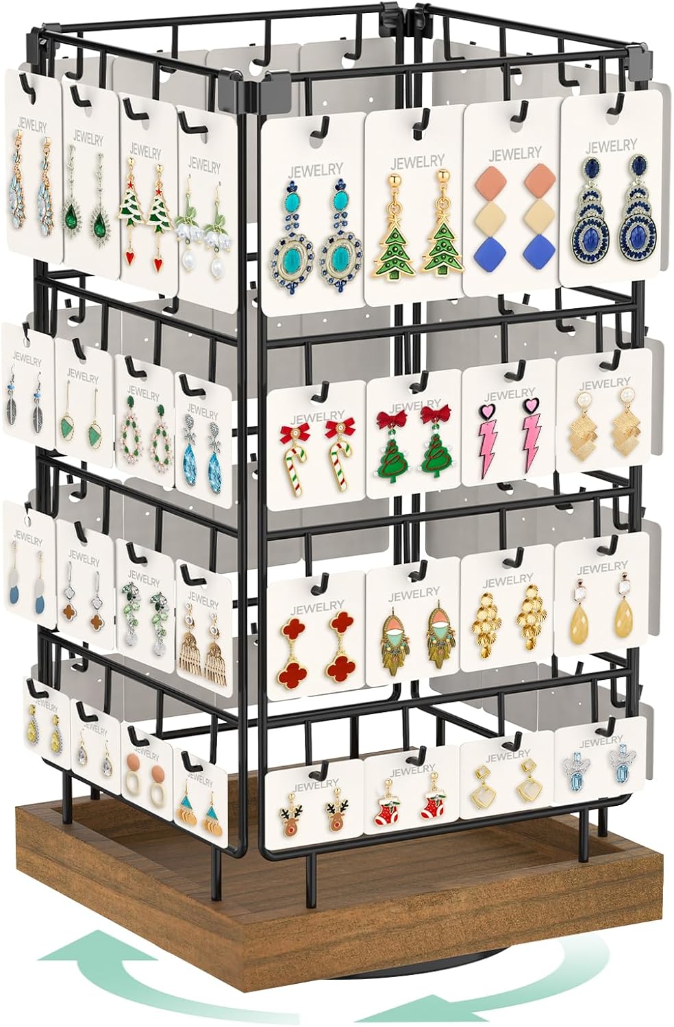 EsLuker.ly Rotating Earring Display Holder Stand for Vendors Events Selling, Large Capacity 64 Hooks Jewelry Rack with Wooden Base for Earring Card Sales, Enhances Retail Display Visibility