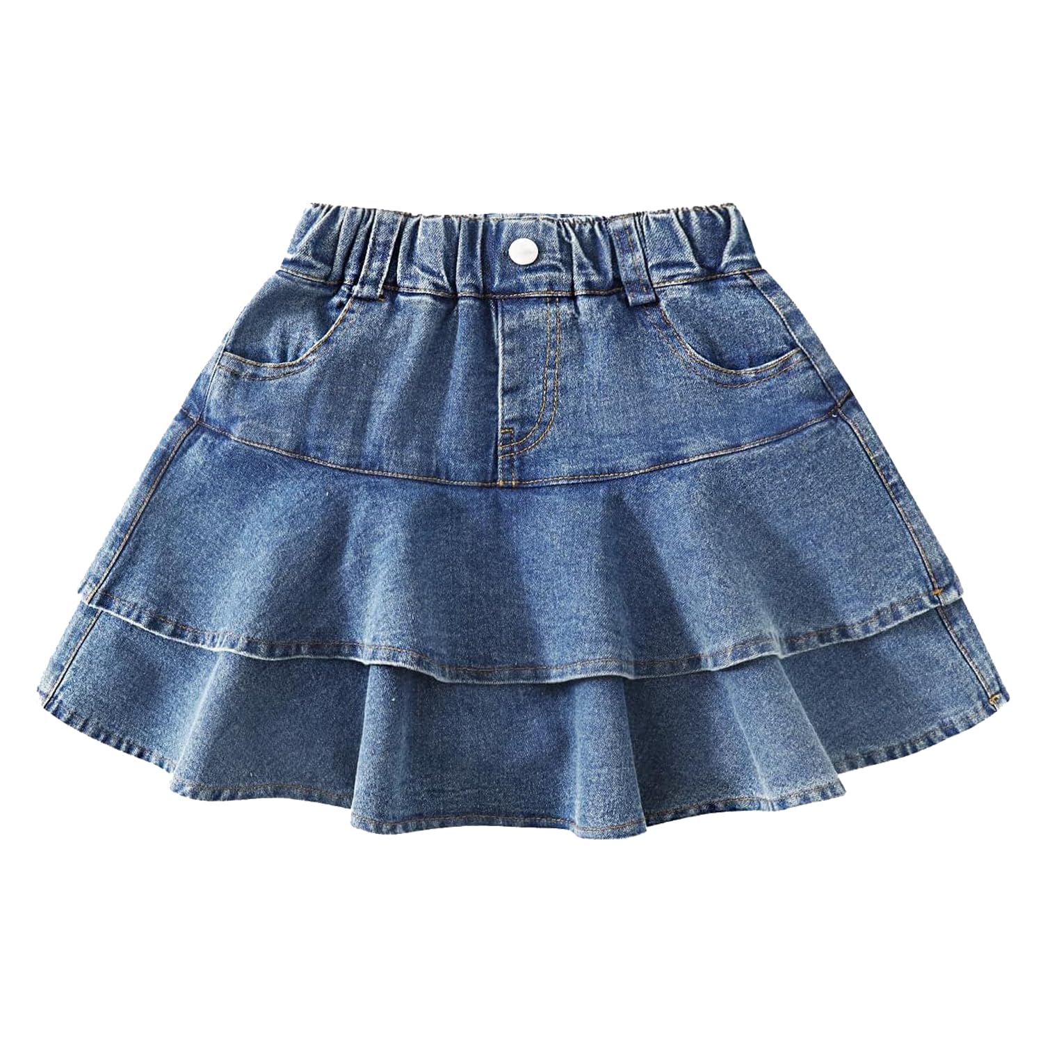 ToeJusty Little Girl's Denim Ruffle Skirts Mini Flared Pleated Toddler Jean Skorts with Shorts Underneath 3-14 Years
