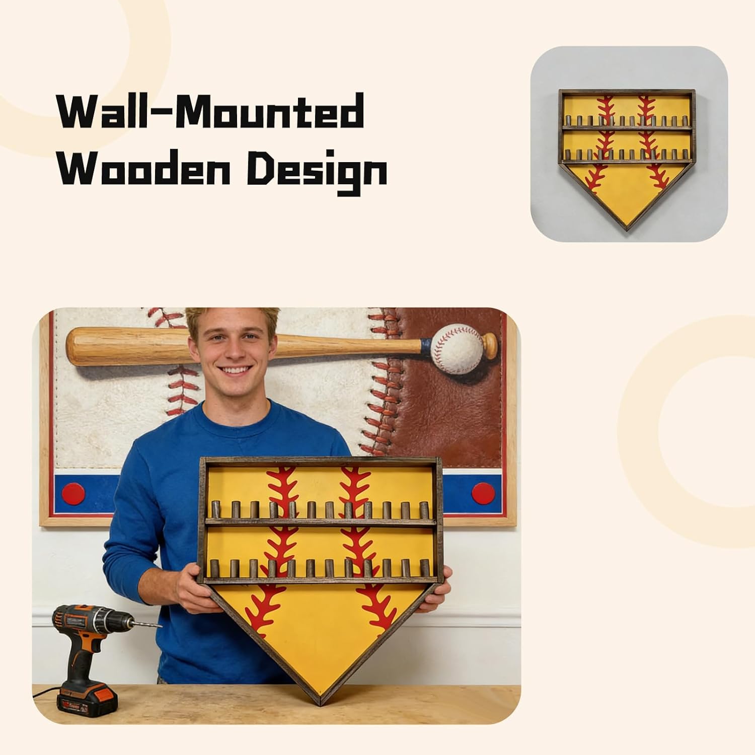 Softball Case Display, Baseball Ring Display Case,Championship Wall Mounted Wooden, Stores Sports Rings and Medal, Great for Collection Gift-Giving (Yellow)