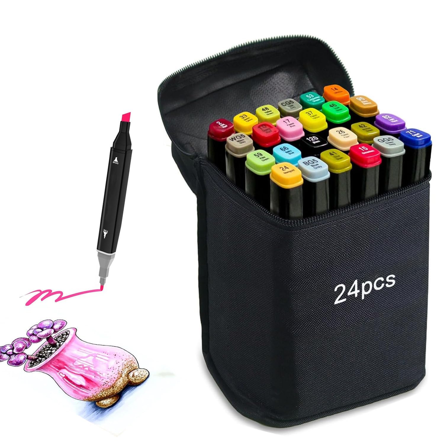 24 Colors Dual Tip Alcohol Markers Set for Drawing, Sketching and Coloring, Fast Drying, Non-Toxic Permanent Art Markers with Portable Carry Case and Stand for Artists and Designers
