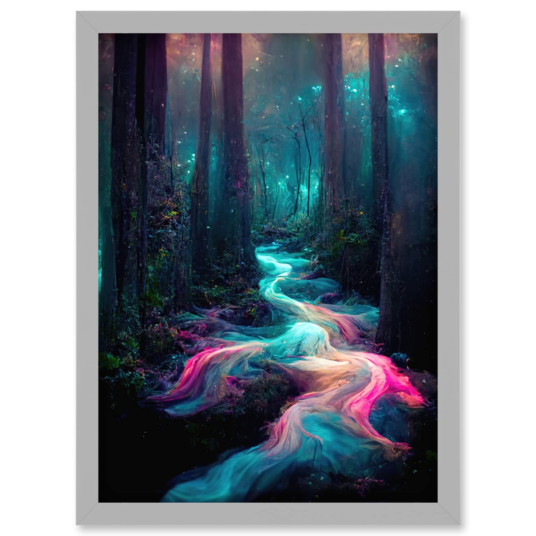 Artery8 Light Grey The Enchanted Forest Magical Fantasy River Artwork Framed Wall Art Print A4
