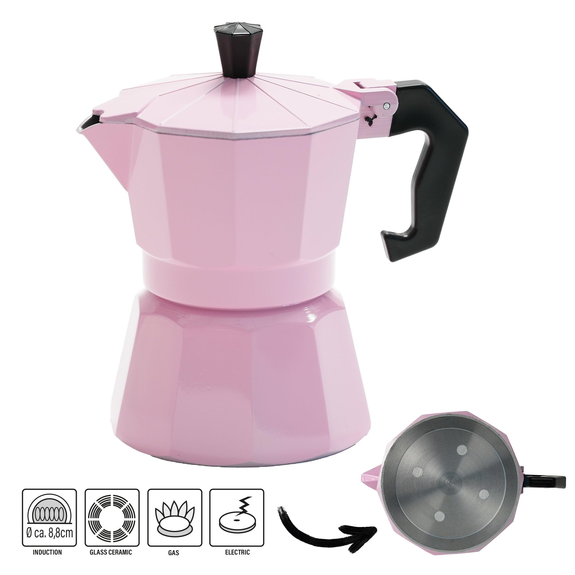 STONELINE Cafetera Italiana Inducción 4 Tazas 170 ml, Cafetera Espresso Moka de Aluminio Fundido, para Todo Tipo de Cocinas incluida Inducción, Juego Café Exprés con Vasos y Espumador, Rosa