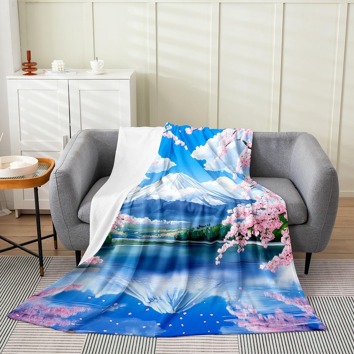 Pink Cherry Blossoms Tree Fleece Blanket,Fuji Mountain Scenery Throw Blanket for Sofa Adults,Japanese Ukiyoe Soft Bedding Set Bed Couch,Queen (90 x 90 Inches)