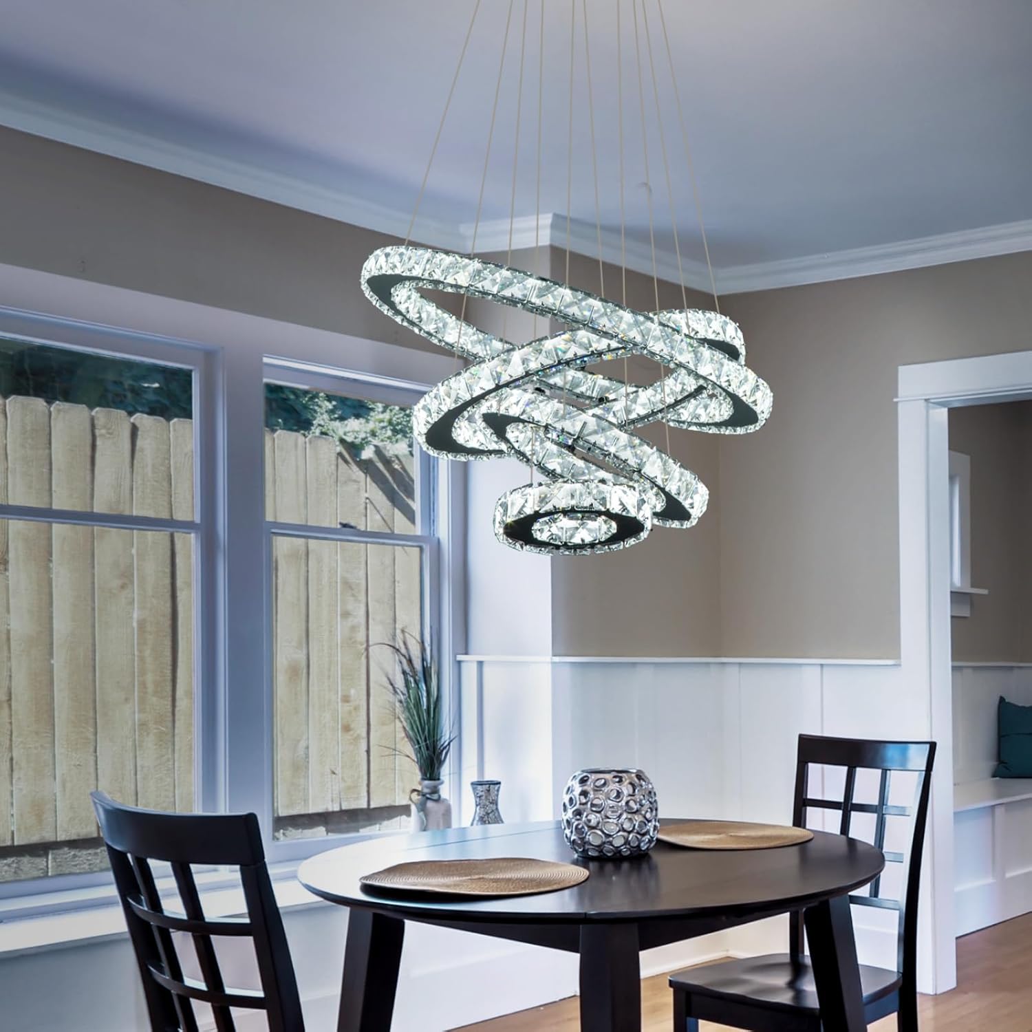 Dimmable Crystal LED Chandelier(3000-6500K) for High Ceiling – Remote Control, Adjustable Height, Modern Stainless Steel Fixture for Foyer, Staircase, Living Room(Chrome 4-Ring)