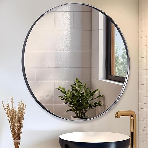 LOWIXI Espejo redondo de 24 pulgadas para baño, espejo de pared con marco de aluminio para dormitorio, color negro