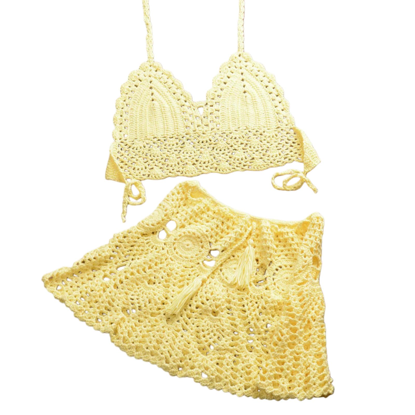 bañador Conjunto De Bikini Crochet Dos Piezas para Mujer, Cubierta Falda Baño, Traje Baño Playa-Amarillo-Falda Top L Talla Única