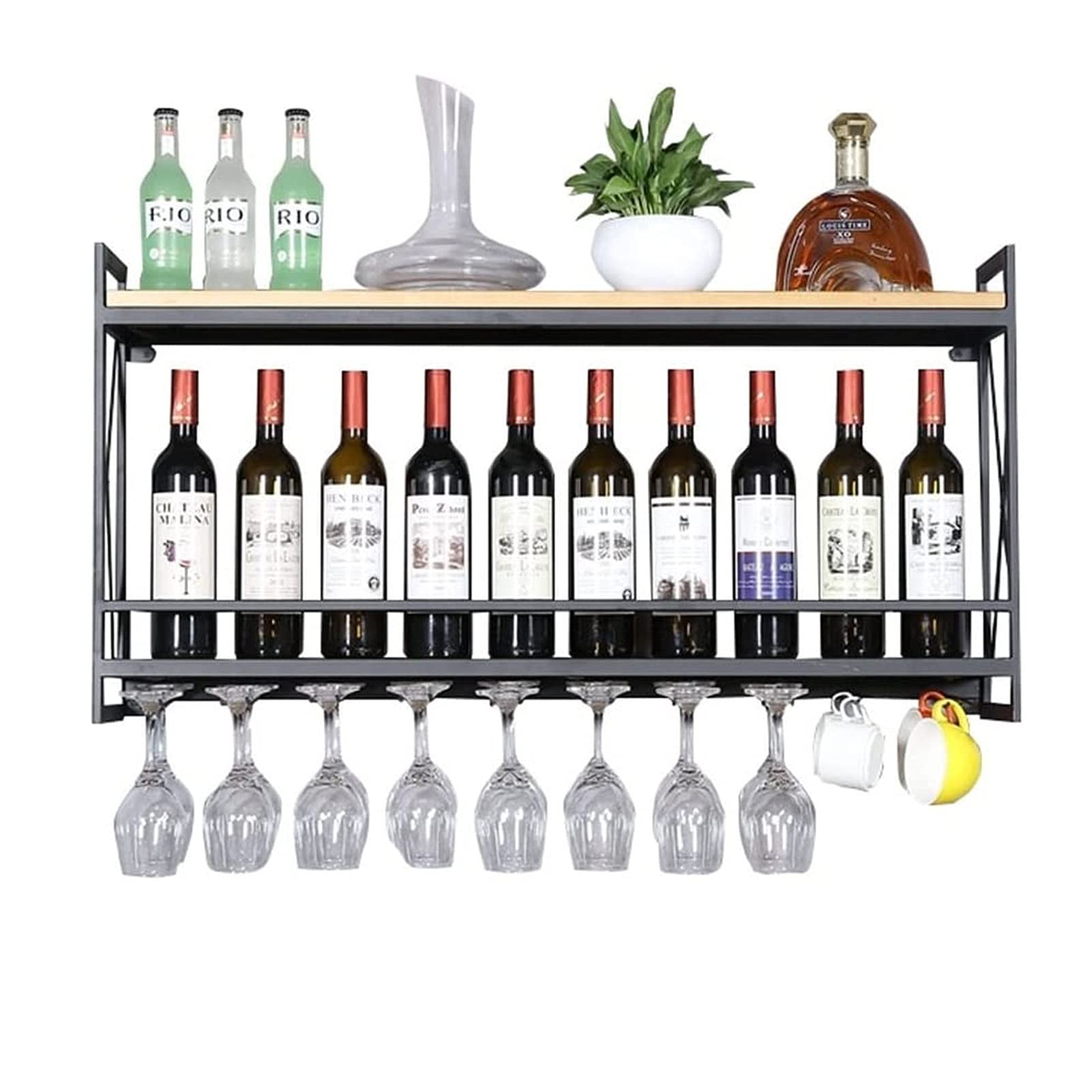 Porte-bouteilles industriels muraux bois étagère de rangement pour le vin et placard verres