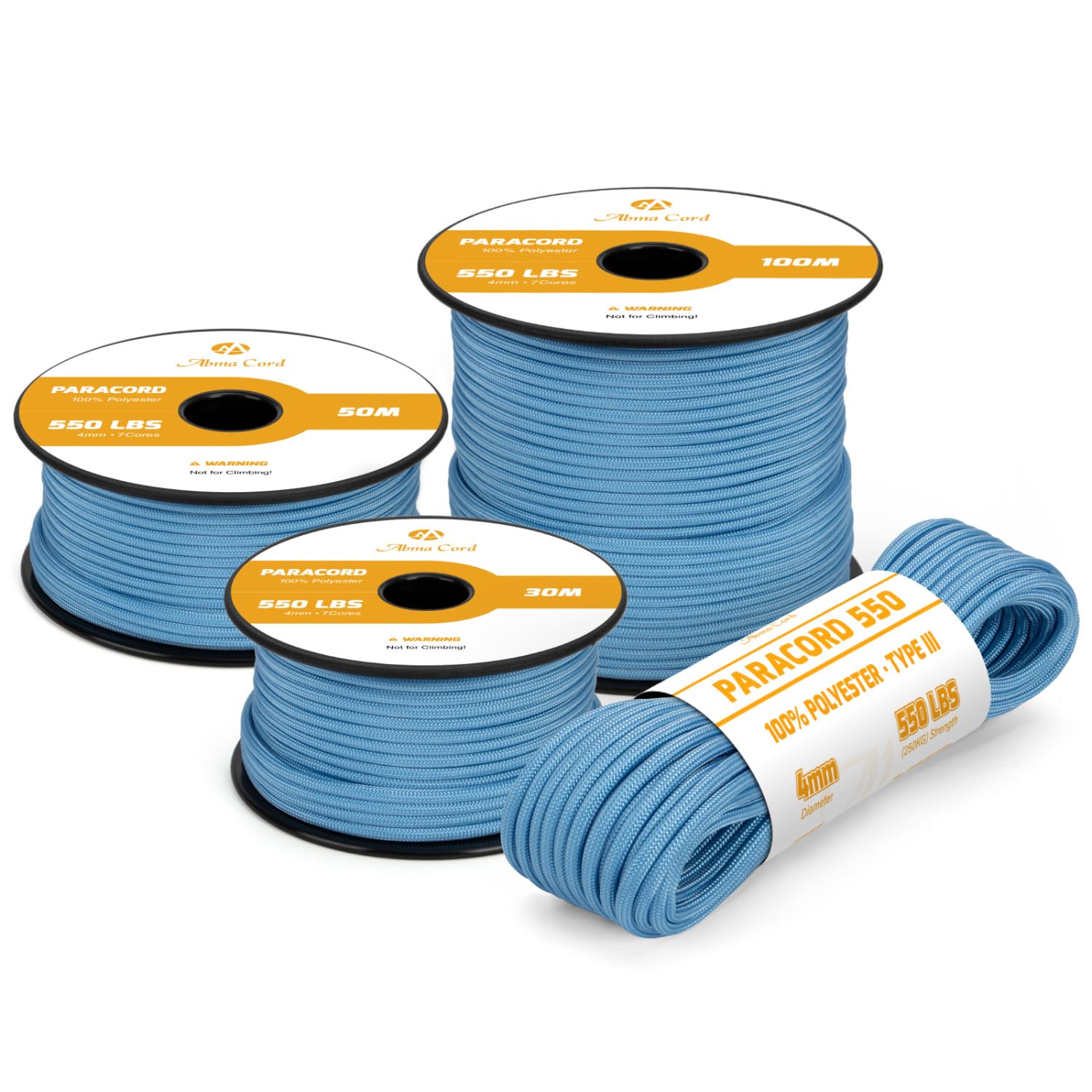 Abma Cord 550 Paracord 4mm 15m Rope 7 Strands Type III Parachute Cord for Crafting, Camping, Survival, Outdoor - Max. 250kg - Sky Blue