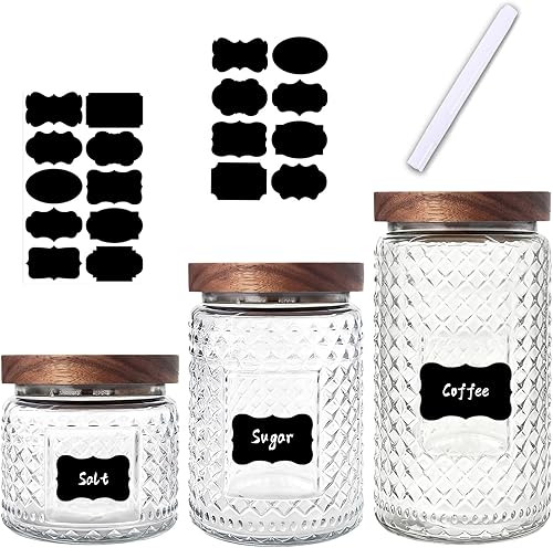 Tarros de vidrio con tapas de madera, etiquetas y bolígrafo, juegos de contenedores de almacenamiento de cocina y despensa para encimera,
