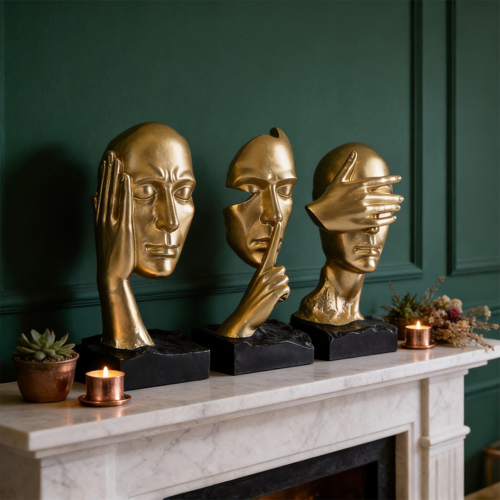 Set di 3 statue del pensatore con scritta in inglese "See No Evil Hear No Evil Speak No Evil, No Evil, No Evil, Scultura astratta, in resina, decorazione per casa, ufficio, soggiorno, mensola