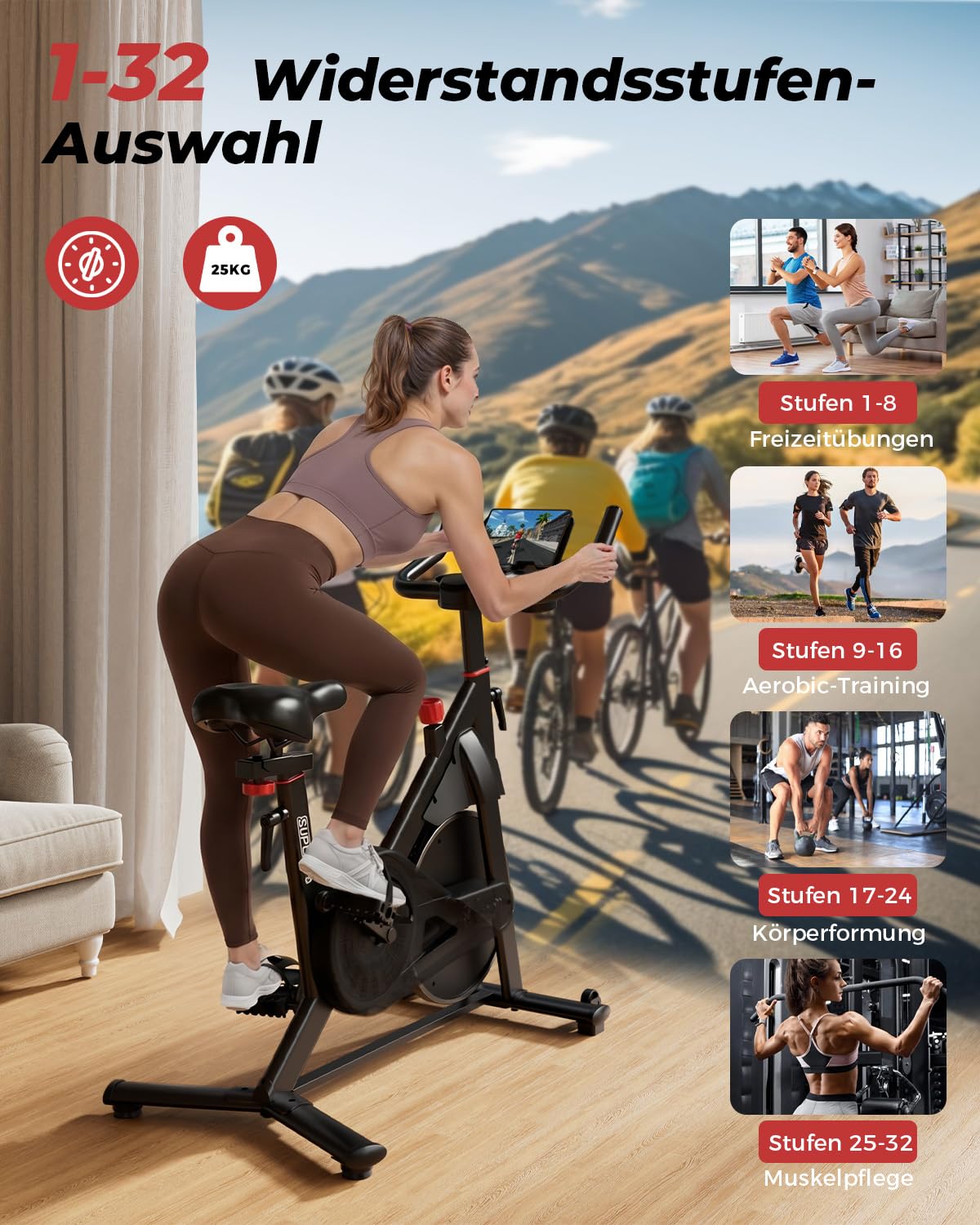 Heimtrainer Fahrrad mit APP, Superun Ergometer Spinning Bike Indoor mit Verstellbarem Widerstand, 15KG Schwungrad, Ultraleise für Kardio-Training zu Hause.Vor Ort erlebbar & reparierbar