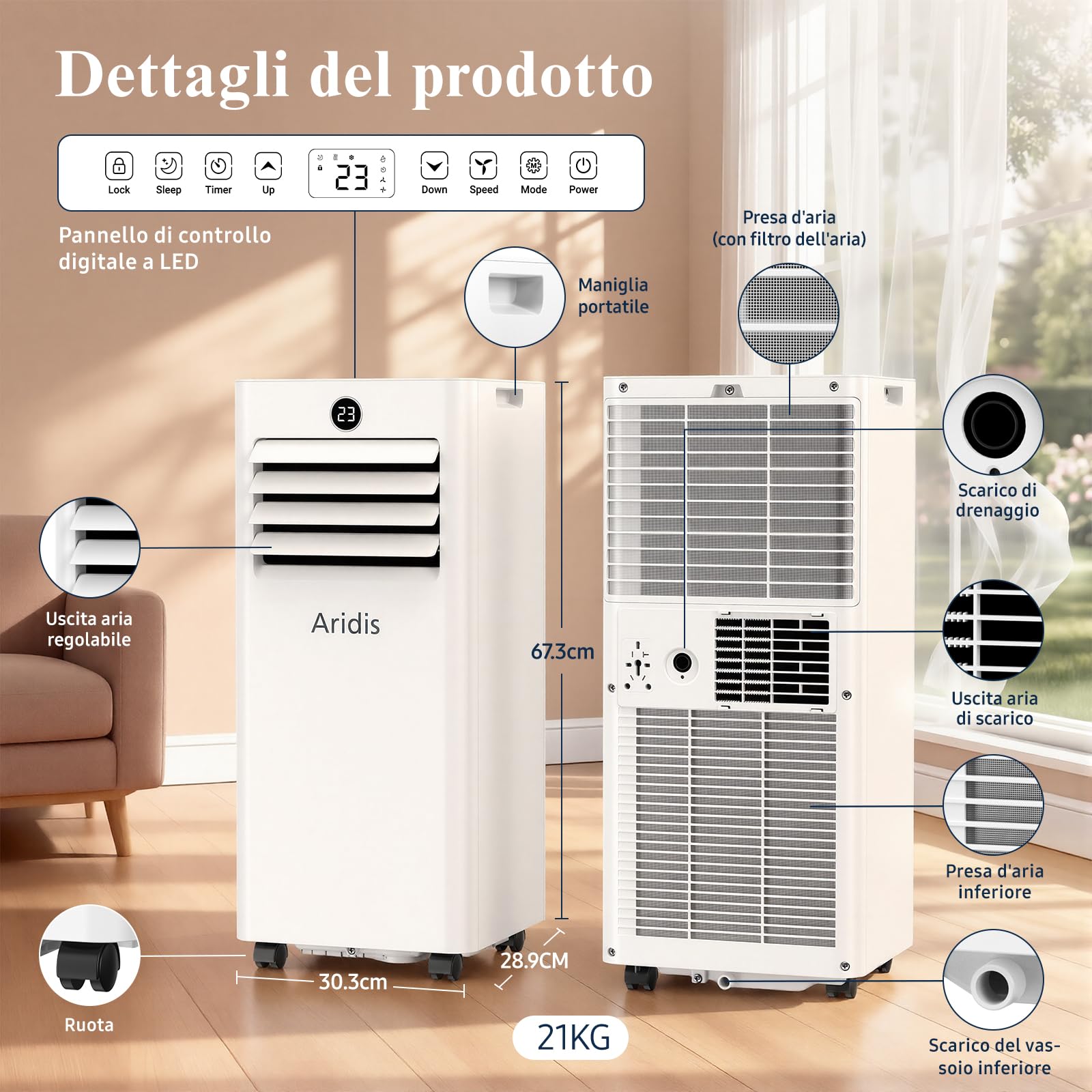Condizionatore Portatile Climatizzatore Silenzioso - 9000BTU Climatizzatore senza Unità Esterna, Raffrescatore a Basso Consumo con Kit Finestra, Display LED, 4 Modalità, Copertura 33 m² Bianco