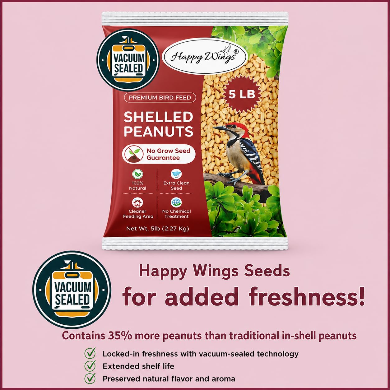 Happy Wings Semillas de maní sin cáscara Alimento para pájaros Silvestres - 5 Libras I Semillas sin Cultivo I Semillas para pájaros Silvestres