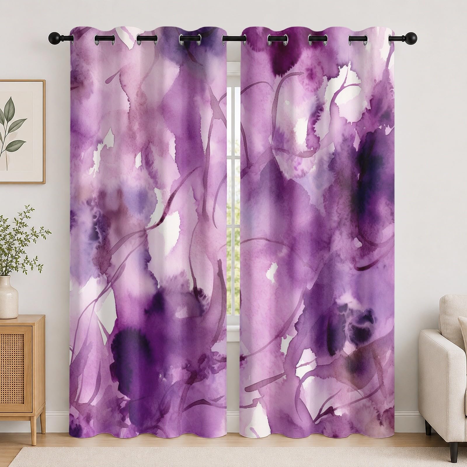 Rideaux occultants violets 2 pans 75x166 cm isolants thermiques à oeillets style aquarelle
