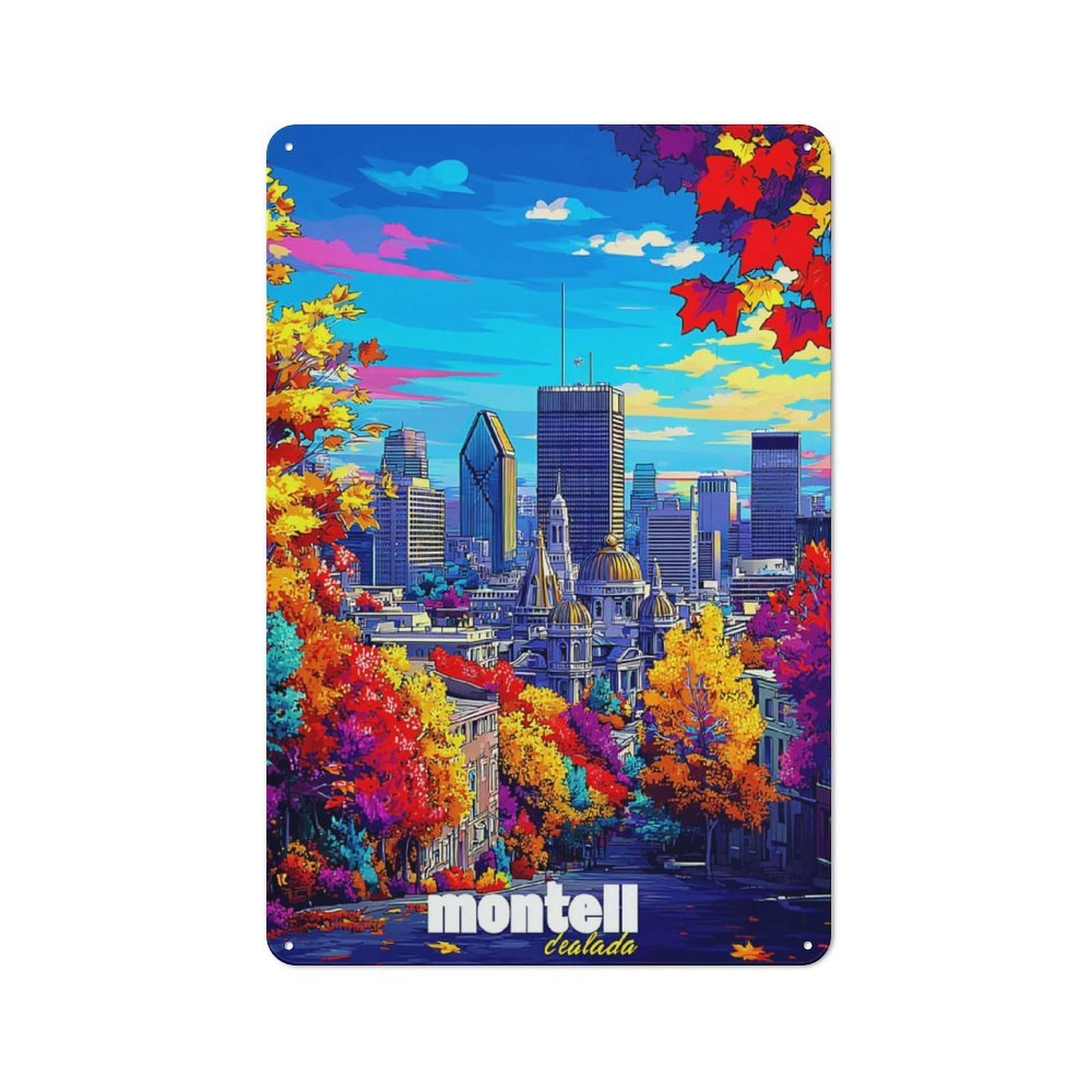 Junmoney Autumn Colors In Montreal Skyline -1 Loft Style Metal Wall Decor 30X20cm, Decorative Metal Plaque For Loft, Studio, Office Or Creative Room