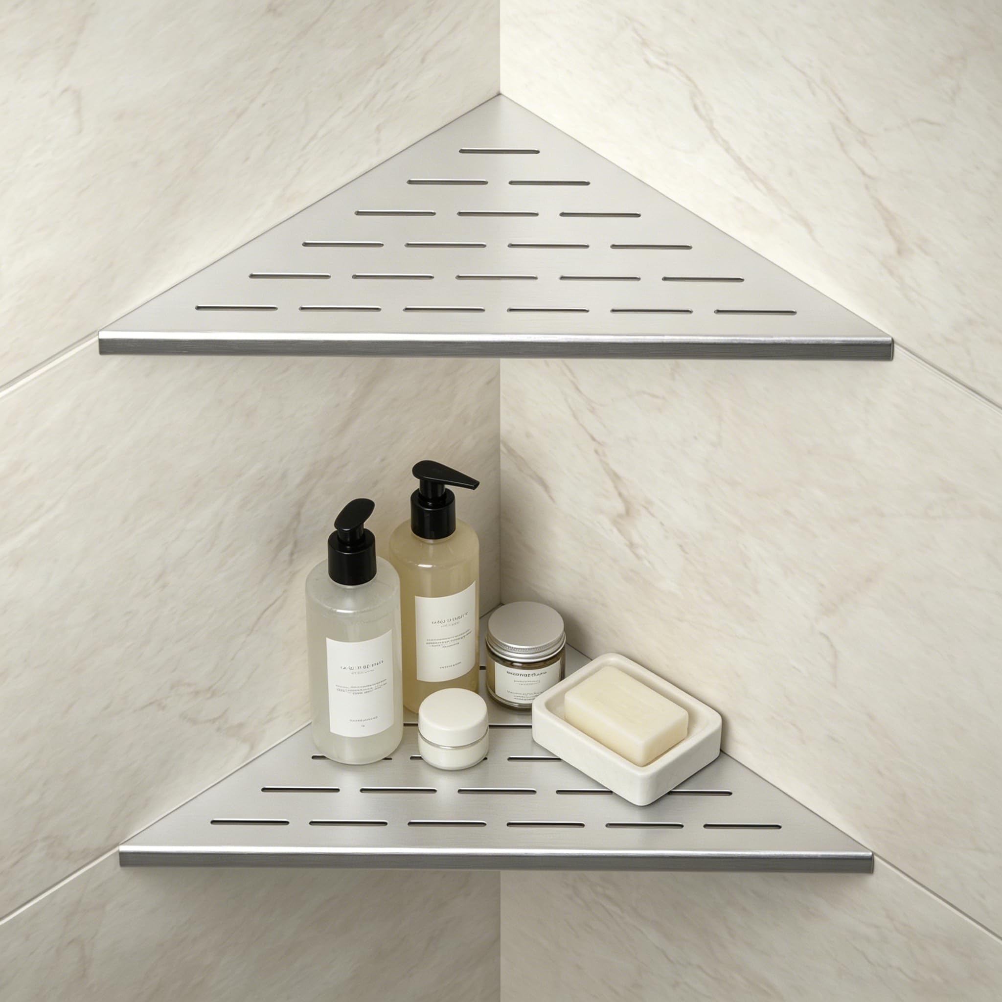 Bernkot Corner Shower Shelf 304 Stainless Steel, Recessed Corner Shelves Slot Design, 12" Triangular Corner Shelf 1.5mm Thickness Bathroom Shelf for Tiled Wall, No Drilling, 2 Pack,Silver