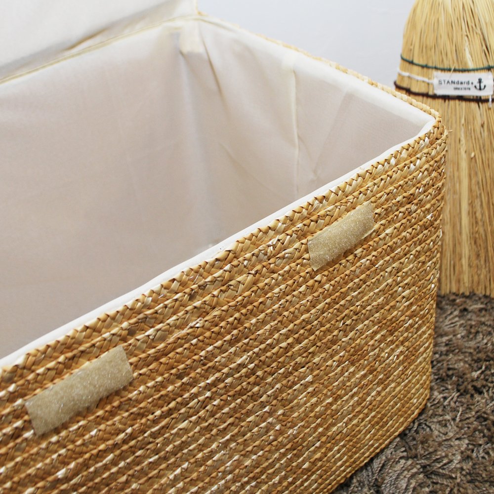 Amazon.co.jp: ストロー製フタ付きかご収納バスケット ナチュラル 内布