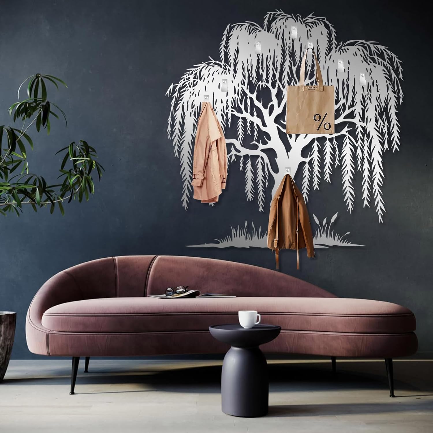 Metal Willow Coat Rack Wall Mount, Metal Tree Clothes Hooks for Wall, Weeping Willow Tree Decor, Nature Wall Hanging, Nature Theme Hangers and Key Holder (Black, 32"x32"|80x80cm)