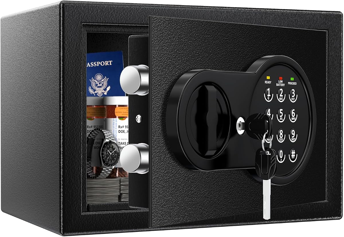 0.5 Cu Ft Mini Safe Box with Fireproof Document Bag, Money Safe with Keys & Pass Code & Wall Mount Kits, Small Safes with Smart Alert System for Money, Jewelry, and Documents【2026 New】