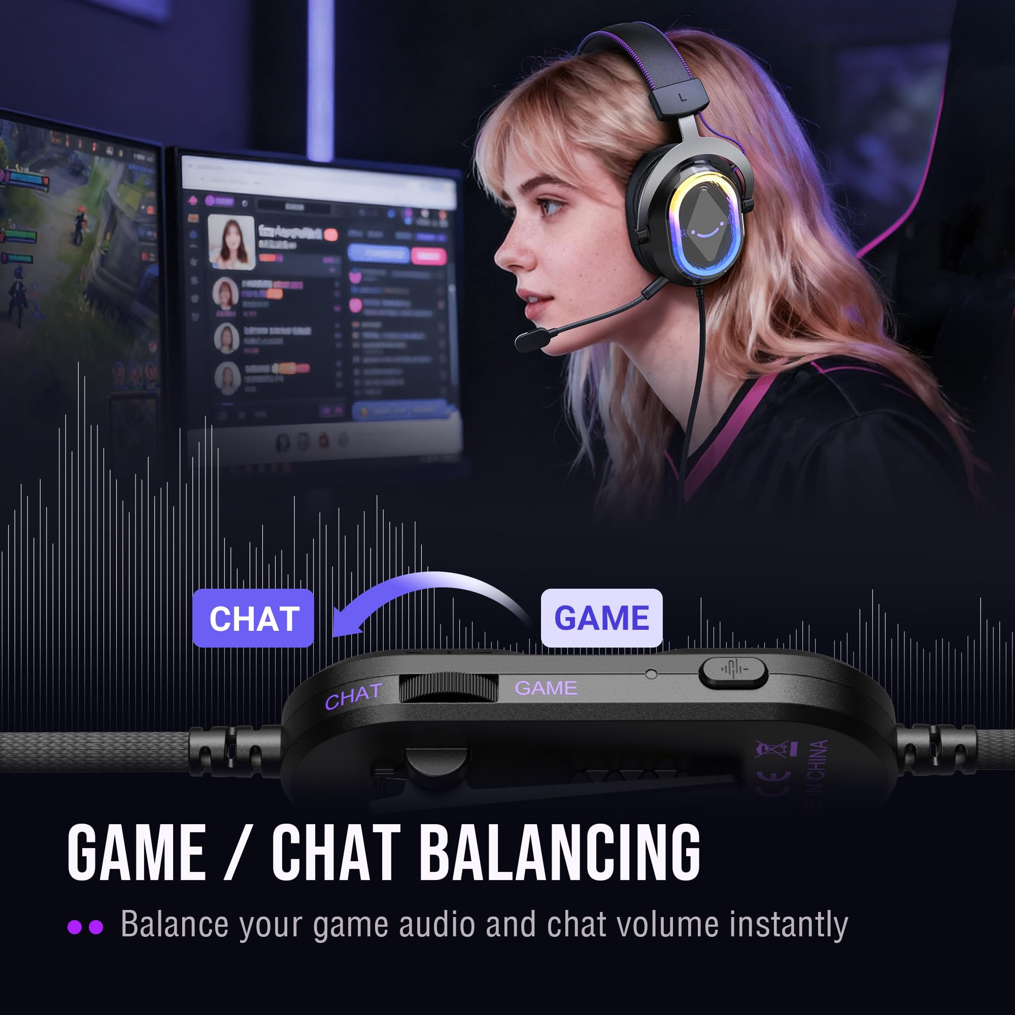FIFINE AmpliGame H13 - Cuffie da gioco cablate: suono surround 7.1 - Illuminazione RGB vibrante - Microfono ANC - Auricolari ergonomici - Control Box - Cuffie USB over-ear streaming per PC, PS4, PS5