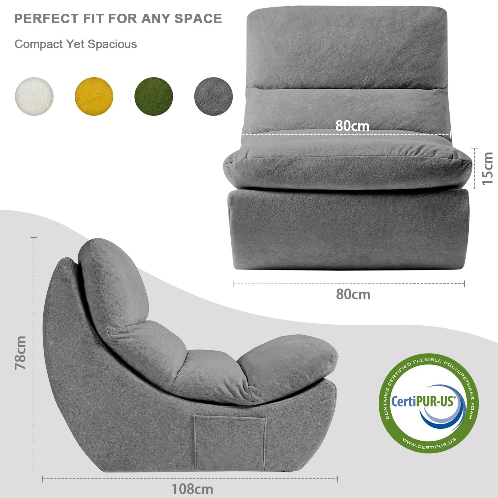 Sitzsack Sessel Wohnzimmer,Bean Bag Sofa,Sitzsack Sofa mit Memory-Schaum | Gemütliche 1-Sitzer Lounge Couch zum Relaxen & Lesen | Für Schlafzimmer & Outdoor | Keine Montage, Grau
