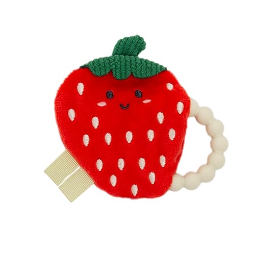 Pearhead Mordedor de peluche arrugado para bebé, adorable juguete sensorial de fresa con anillo de cuentas de silicona sin BPA, sonido suave y tela