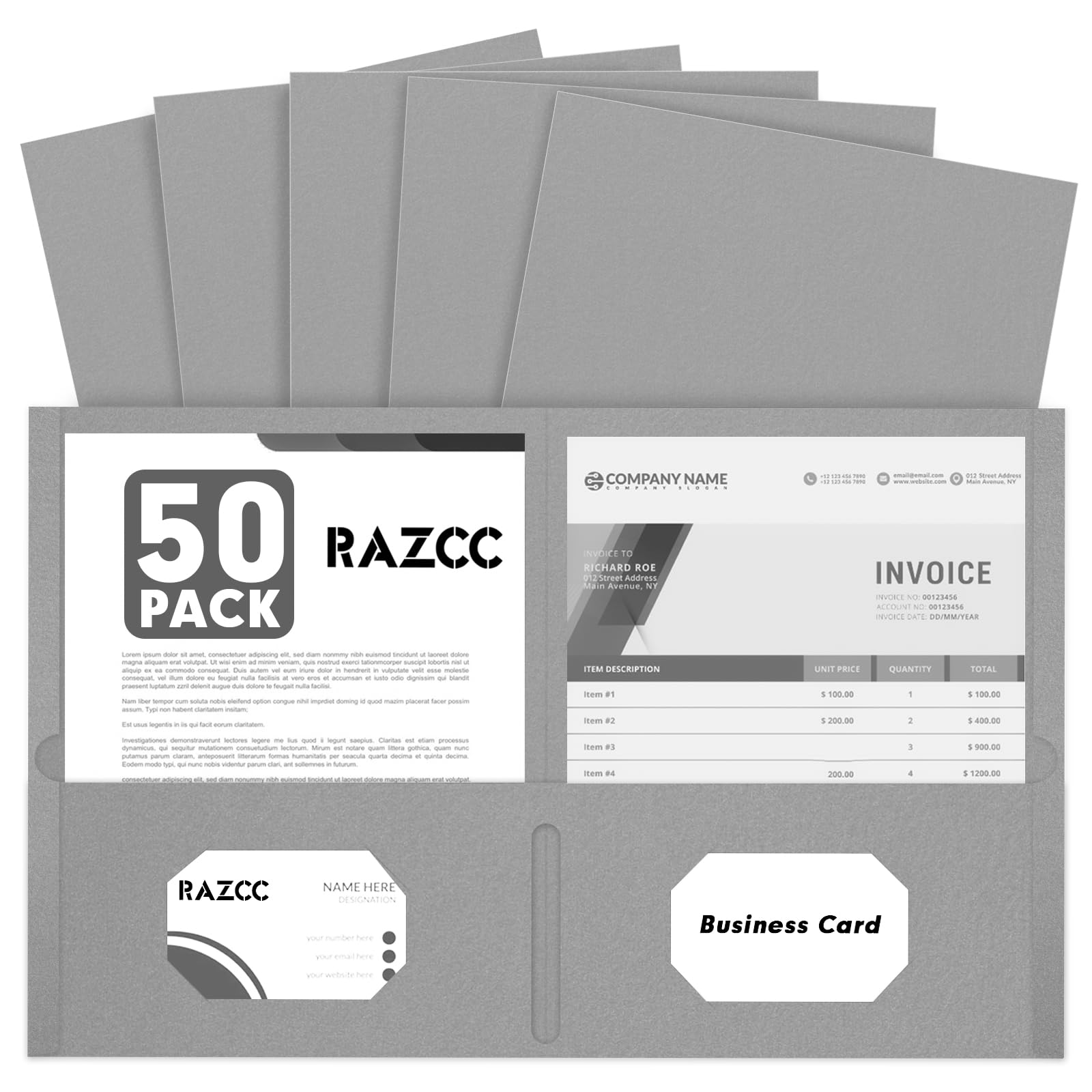 Two Pocket Folders, RAZCC 50 Pack 2 Pocket Folders Fit Letter Size Paper, Paper Folders with Pockets for School Office Business Home (Grey)