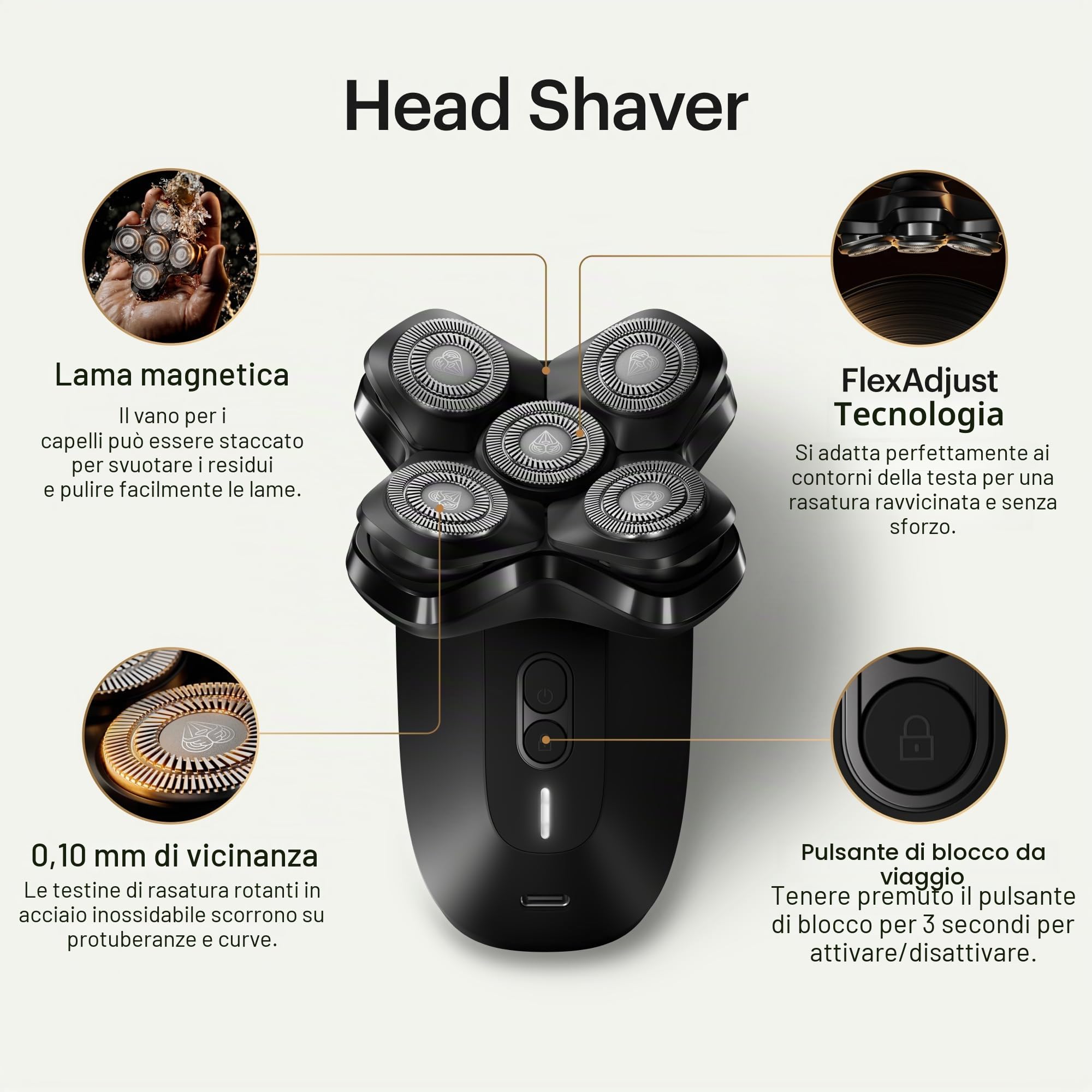 MANSCAPED® The Dome Shaver™ PRO Rasoio per uomini calvi – Design a cinque lame rotanti con tecnologia SkinSafe® e FlexAdjust, impermeabile, USB-C e ricarica wireless compatibile con Travel Lock