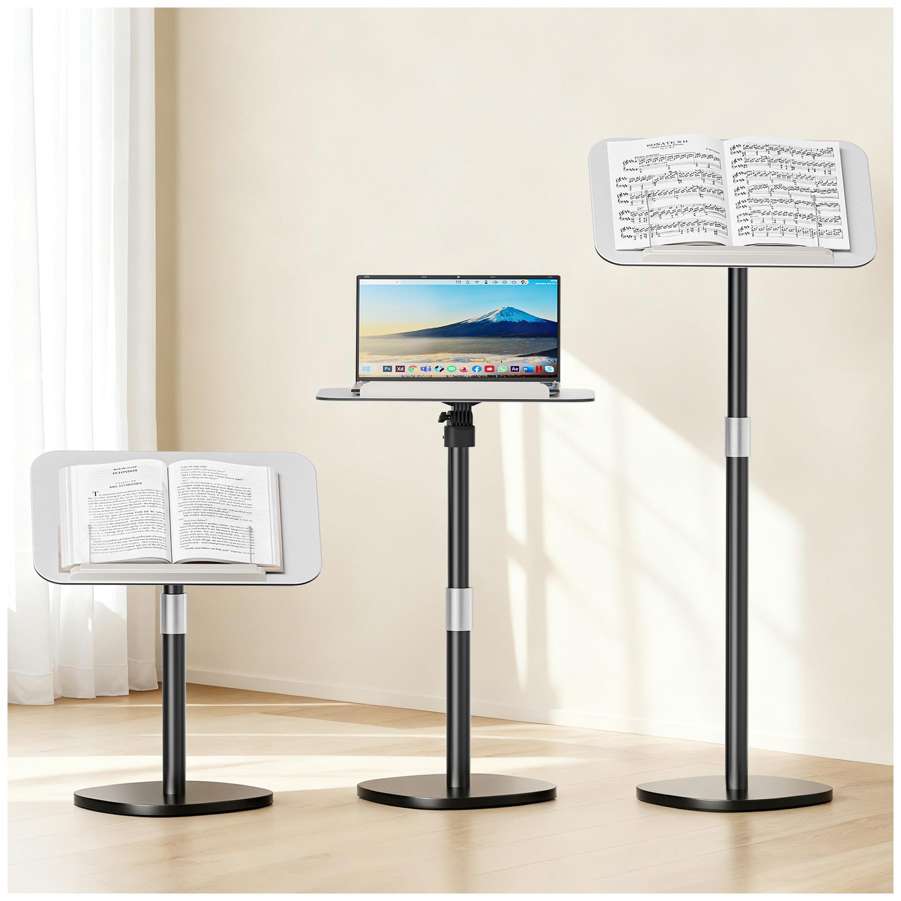 Photo 1 of AKIMRABY Floor Book Stand - Height Adjustable 26.4-56.3" Reading Holder with Page Clips, 180° Tilting Aluminum Panel for Heavy Books, Sheet Music, Laptops & Projectors - Portable Podium Stand