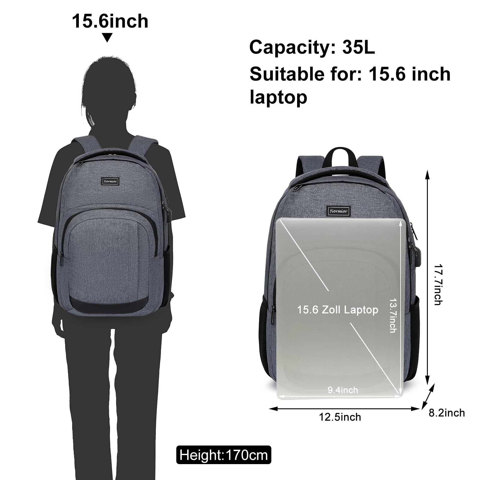 Plecak męski, plecak szkolny, na laptopa o przekątnej ekranu 15,6", do pracy, wodoszczelny, biznesowy, dla chłopców, nastolatków, z przyłączem ładowania USB