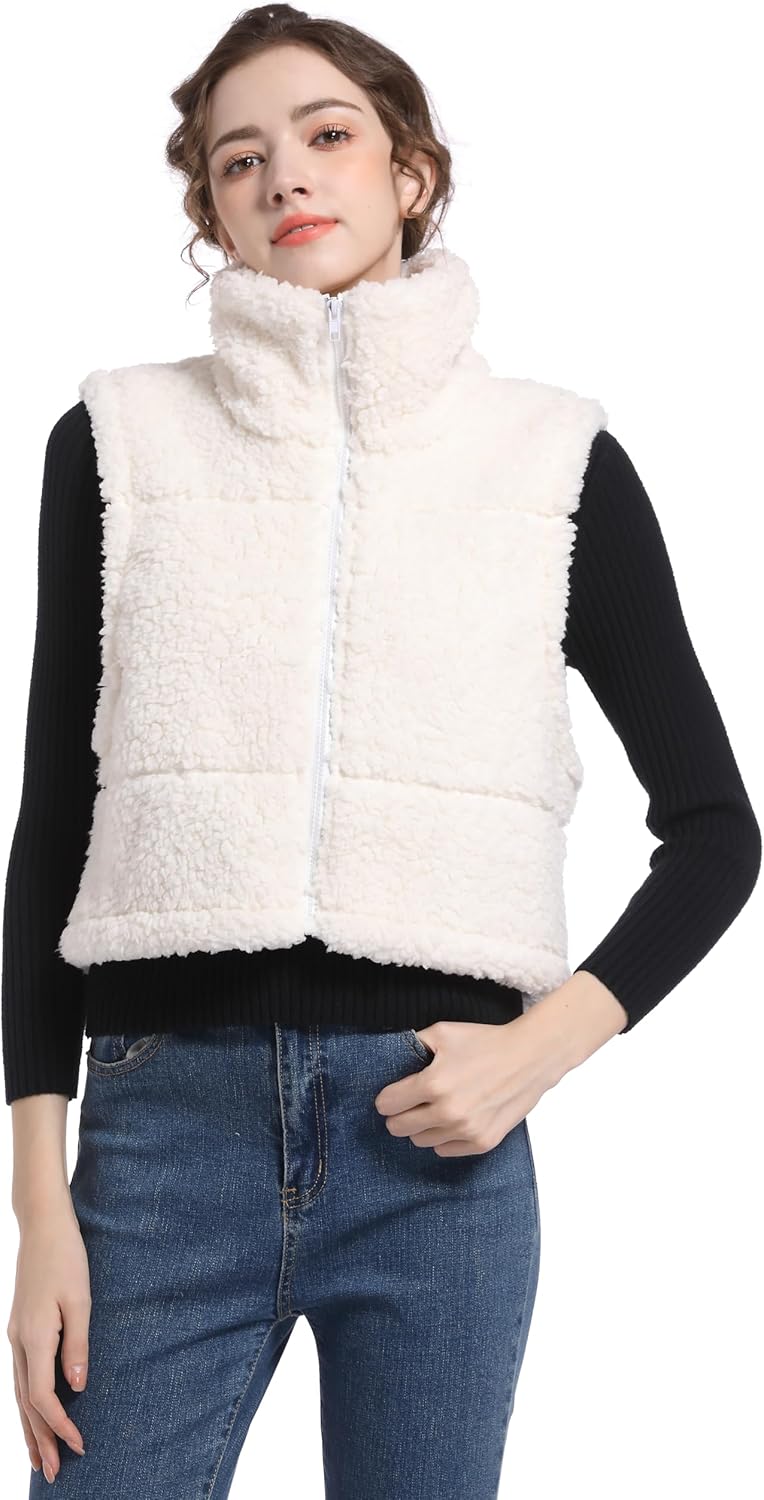 V VOCNI Womens Sherpa Fleece Vest Fuzzy Crop Vest Casual Sleeveless Jacket Zipper Waistcoat Outwear