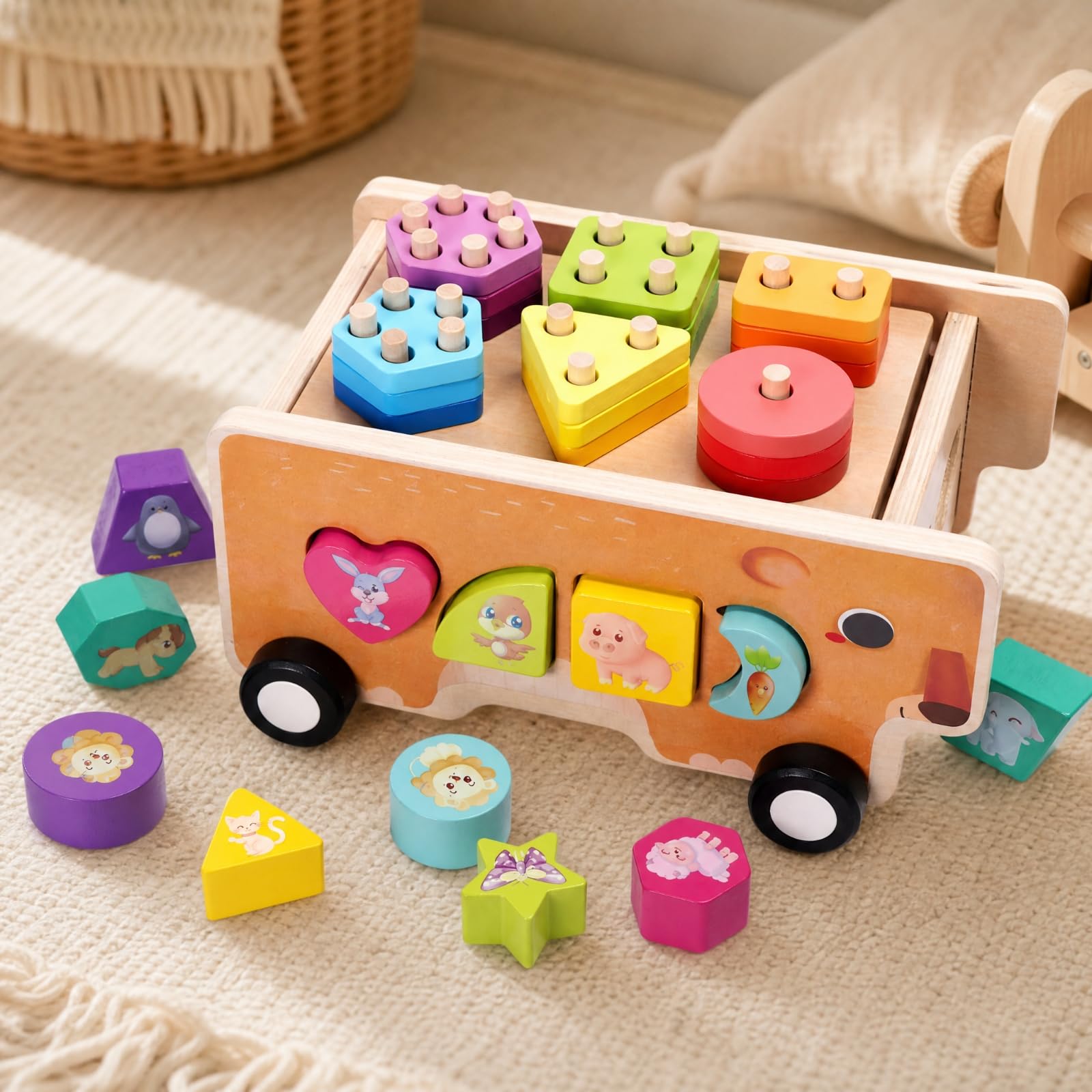 Qianly Carretto Didattico con Forme Geometriche Educativo Carretto con Blocchi di Forme Prescolare Giocattolo di Legno Blocchi Rimovibili per Area Giochi, Lancio Anello