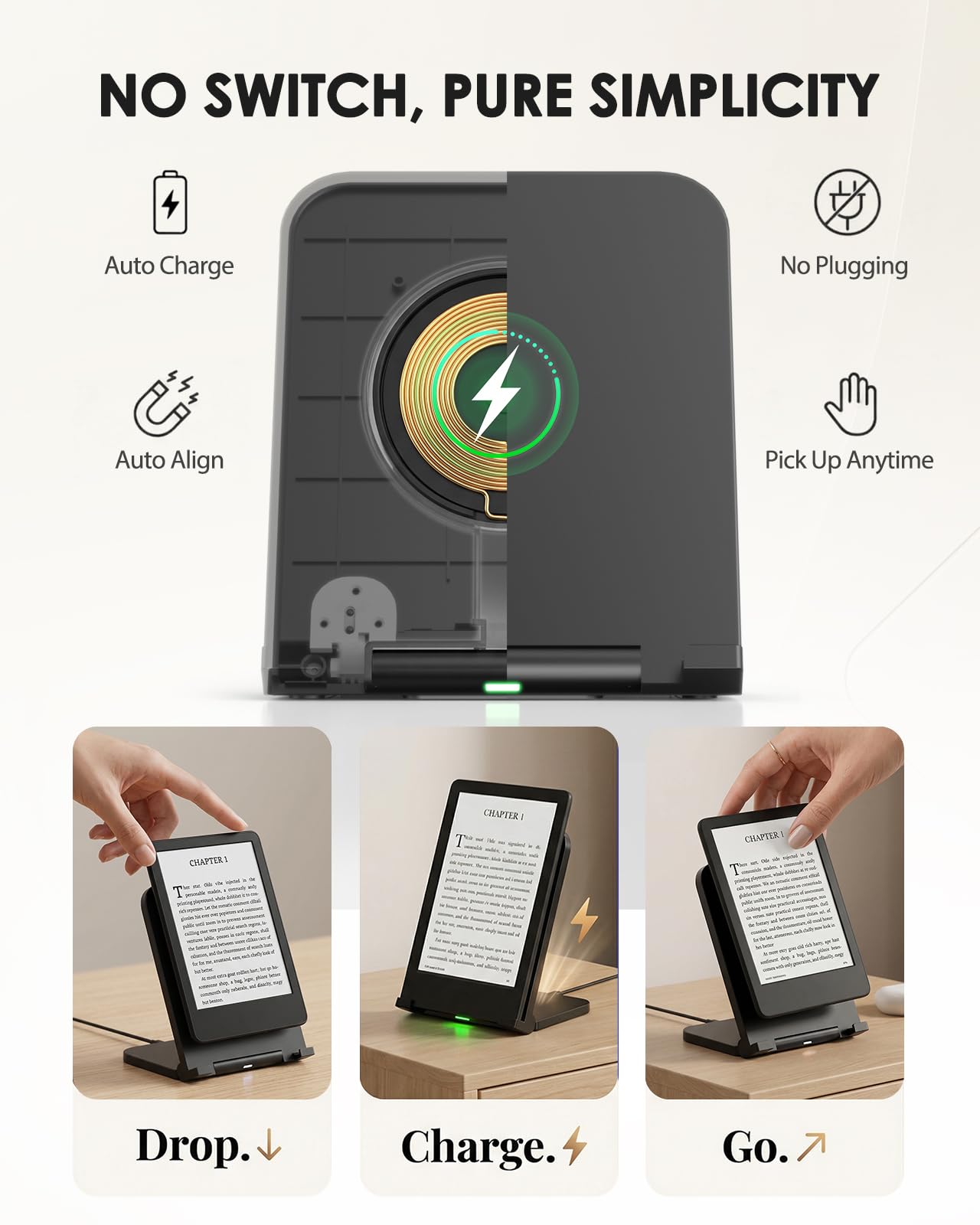 Doohoeek Foldable Wireless Charging Dock for Kindle Paperwhite Signature (2022/2024), Colorsoft & Galaxy Ebook – Compact Charger Station with Adjustable Angle, Auto‑Stop Safety - 4