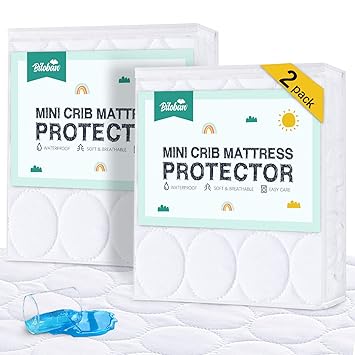 Mini Crib Mattress Protector Sheets Waterproof 2 Pack, Quilted Pack and Play Mattress Pad Cover Fits for Mini Crib/Playen/Pack and Play Mattress, White, 38"x24"