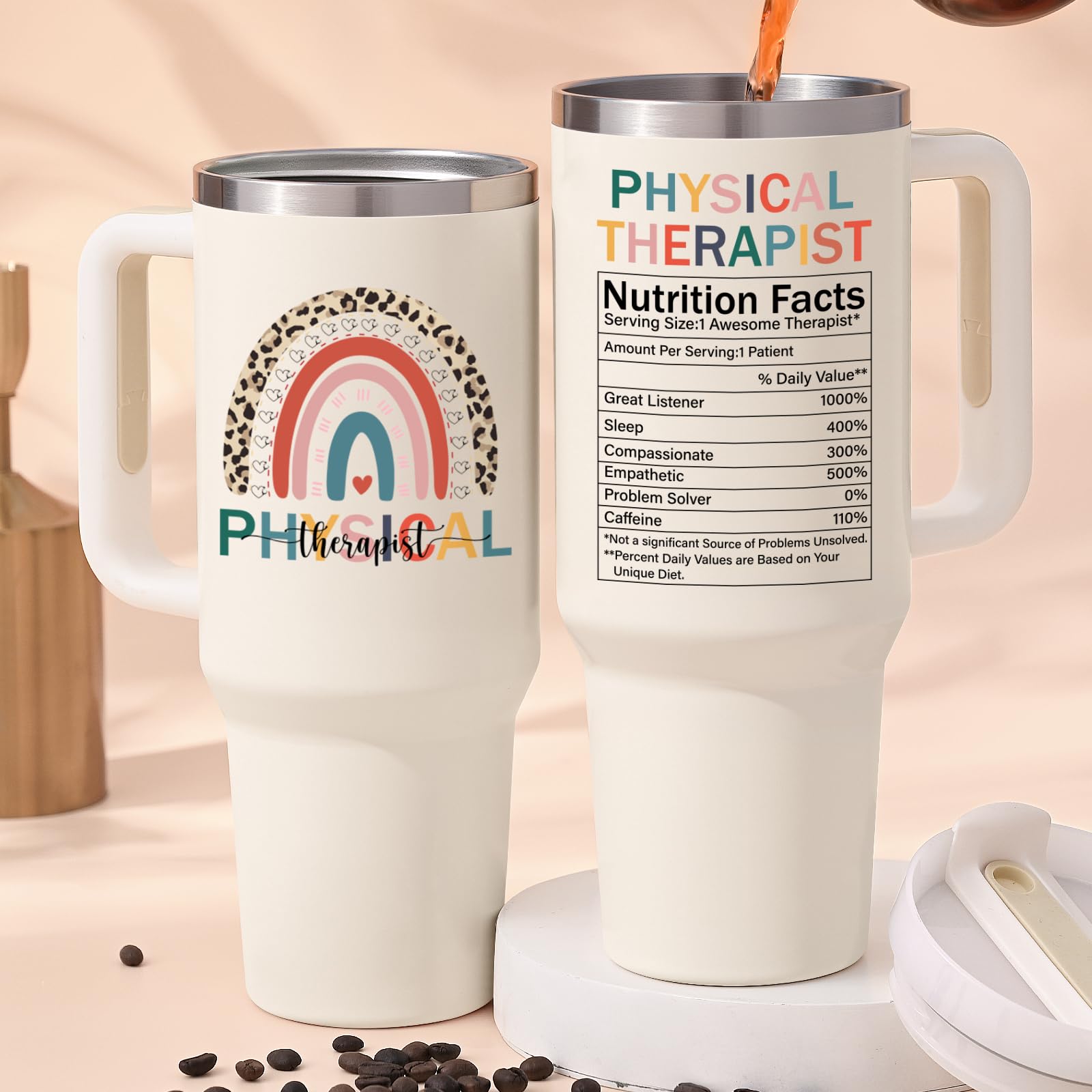 Lifecapido Physical Therapist Gifts, PT 40oz Insulated Tumbler with Stickers, Birthday Christmas PT Month Gifts for Physical Therapists, Creamy