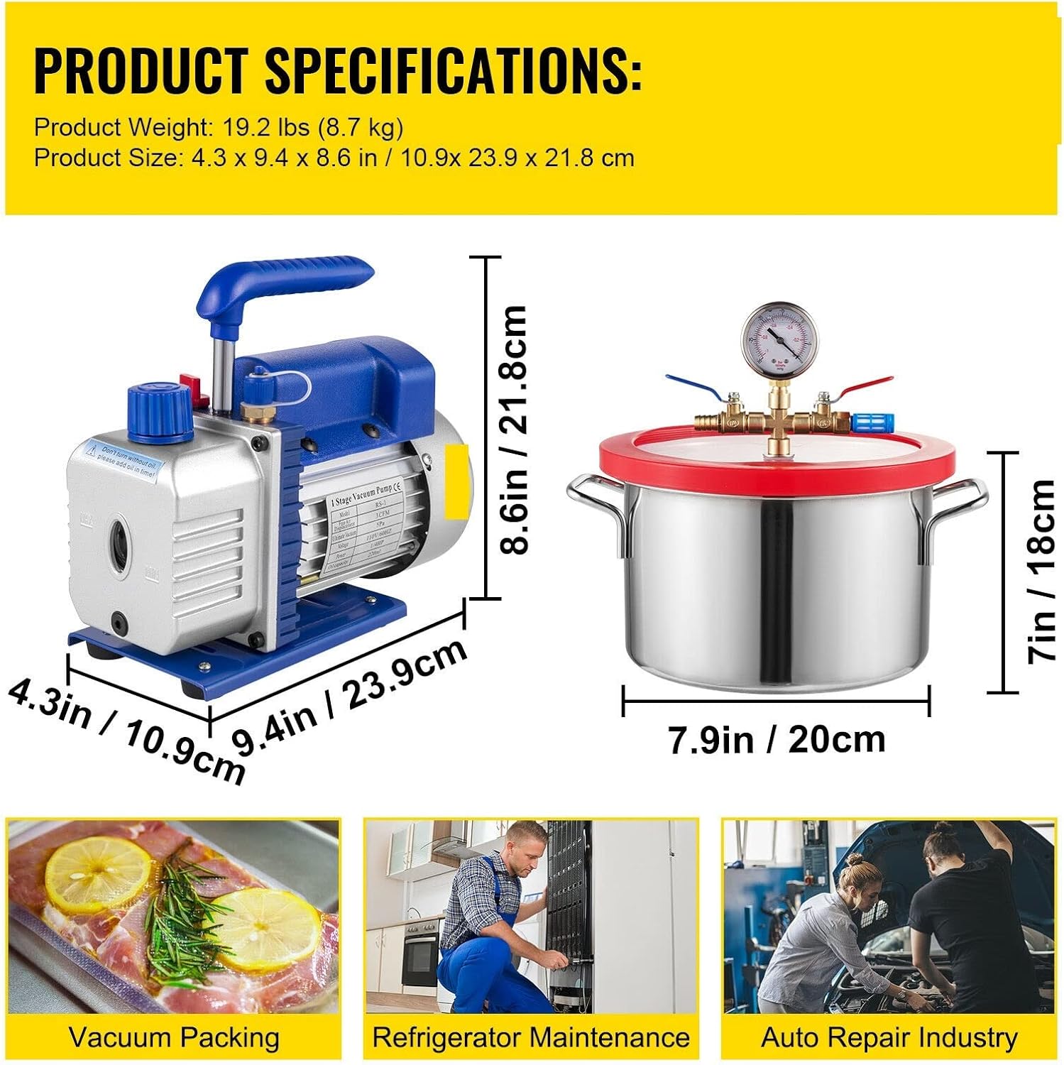 3CFM 1/4HP Vacuum Pump Refrigeration with Vacuum Chamber for Household Vacuum Packing Air Condition Automobile Maintenance (Color : 1 Size : 6 L (1.5 Gallon))