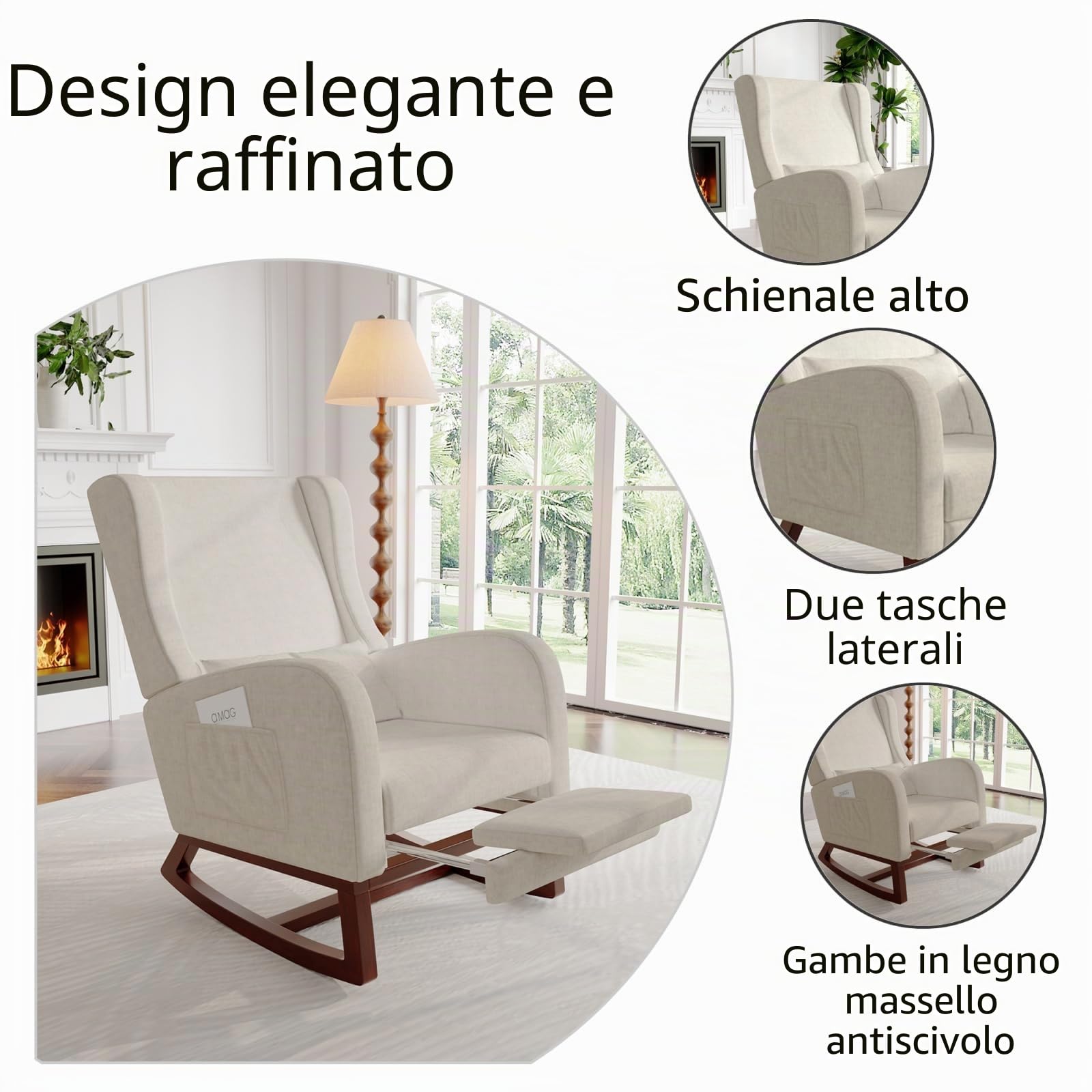 Sedia a dondolo con poggiapiedi regolabile e 2 tasche laterali,sedia da allattamento imbottita con cuscino lombare,schienale e bracciolo,sedia a dondolo per soggiorno,camera da letto (Beige)