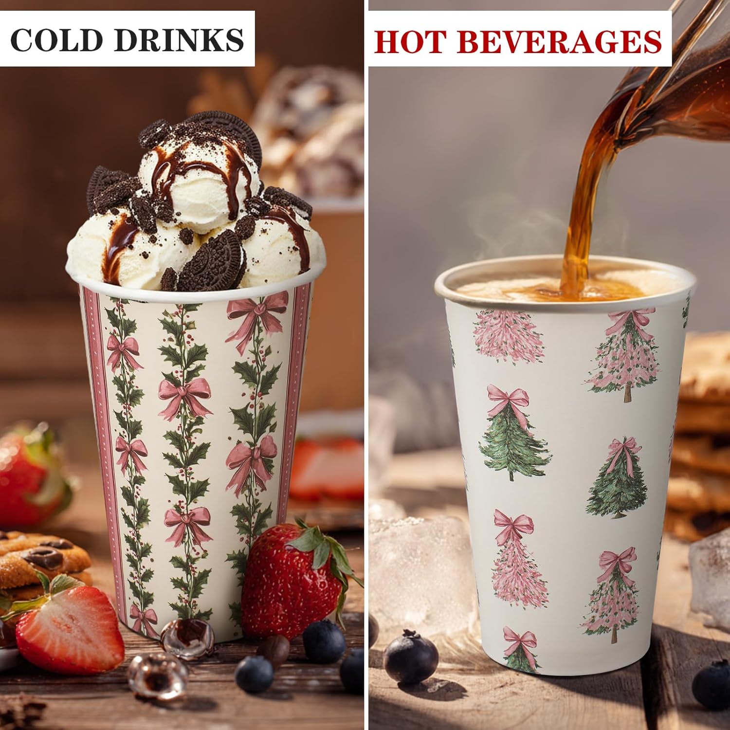 36 Sets/ 108 Pcs Pink Bow Christmas Tree Paper Cups 16 oz Disposable Coffee Cups with Lids and Sleeves Xmas Hot Cocoa Coffee Mug for Cold Drinks Hot Chocolate Christmas Party Supplies