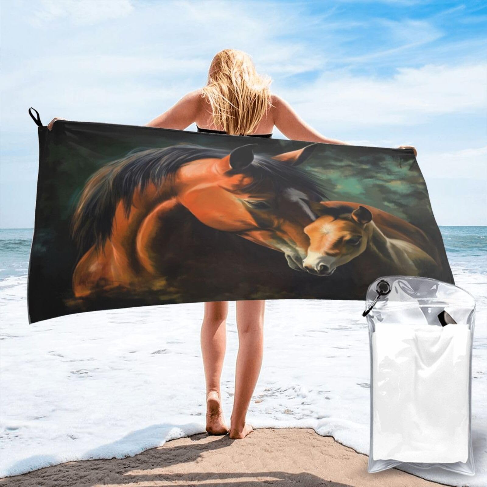 Anceky Digital Painting of Two Horses, Intimate Quick Dry Microfiber Travel Towel with Carry Case and Carabiner 31.5"X63"